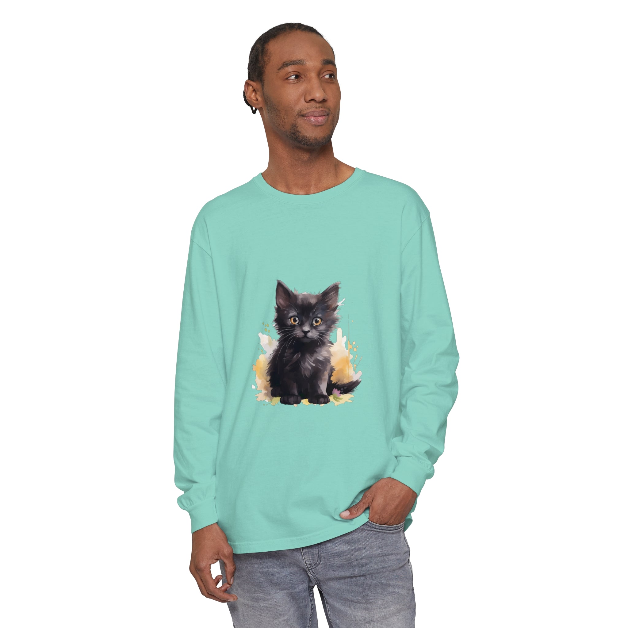 A playful and artistic black kitten watercolor splash t-shirt for cat lovers