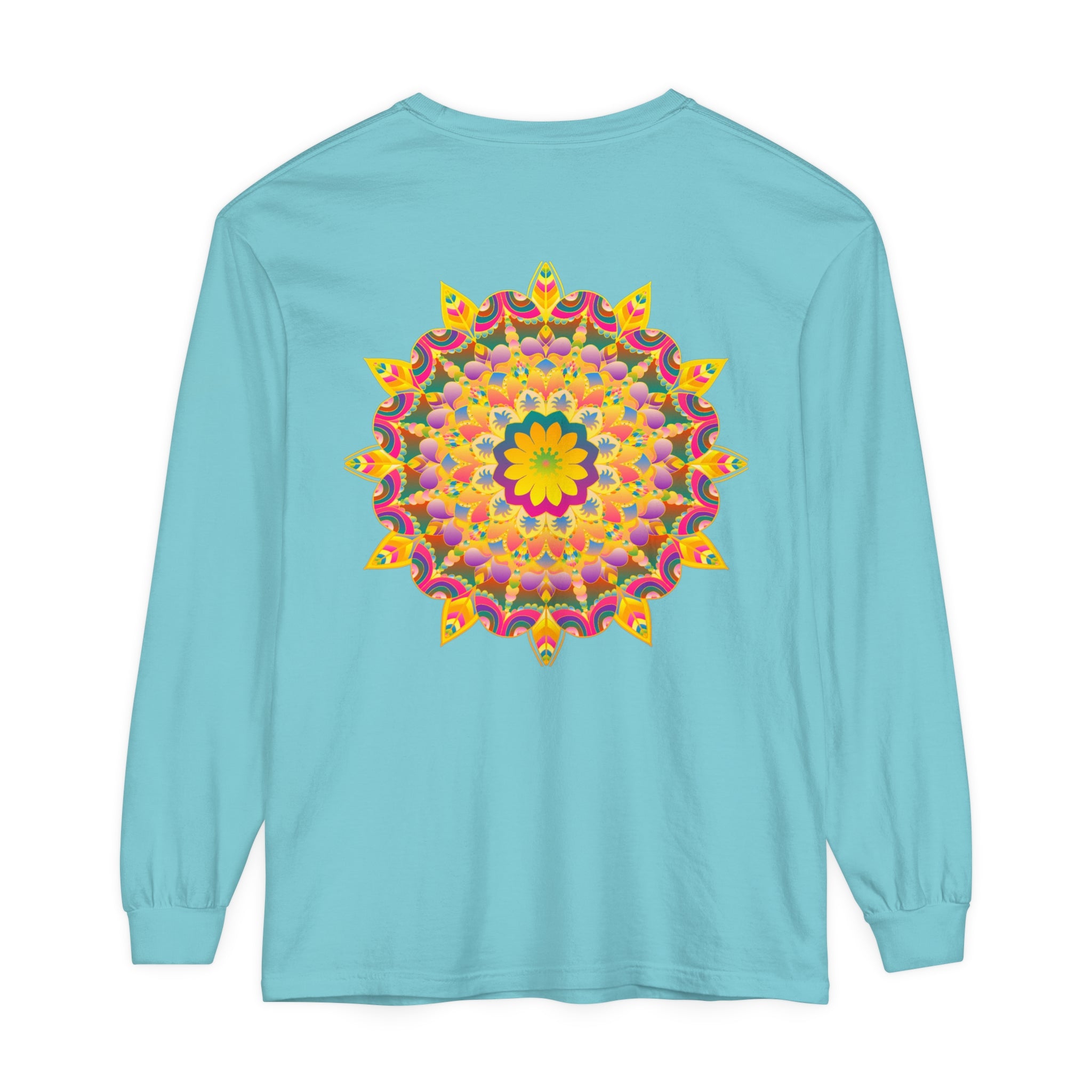 Colorful and intricate psychedelic mandala design on a long sleeve t-shirt