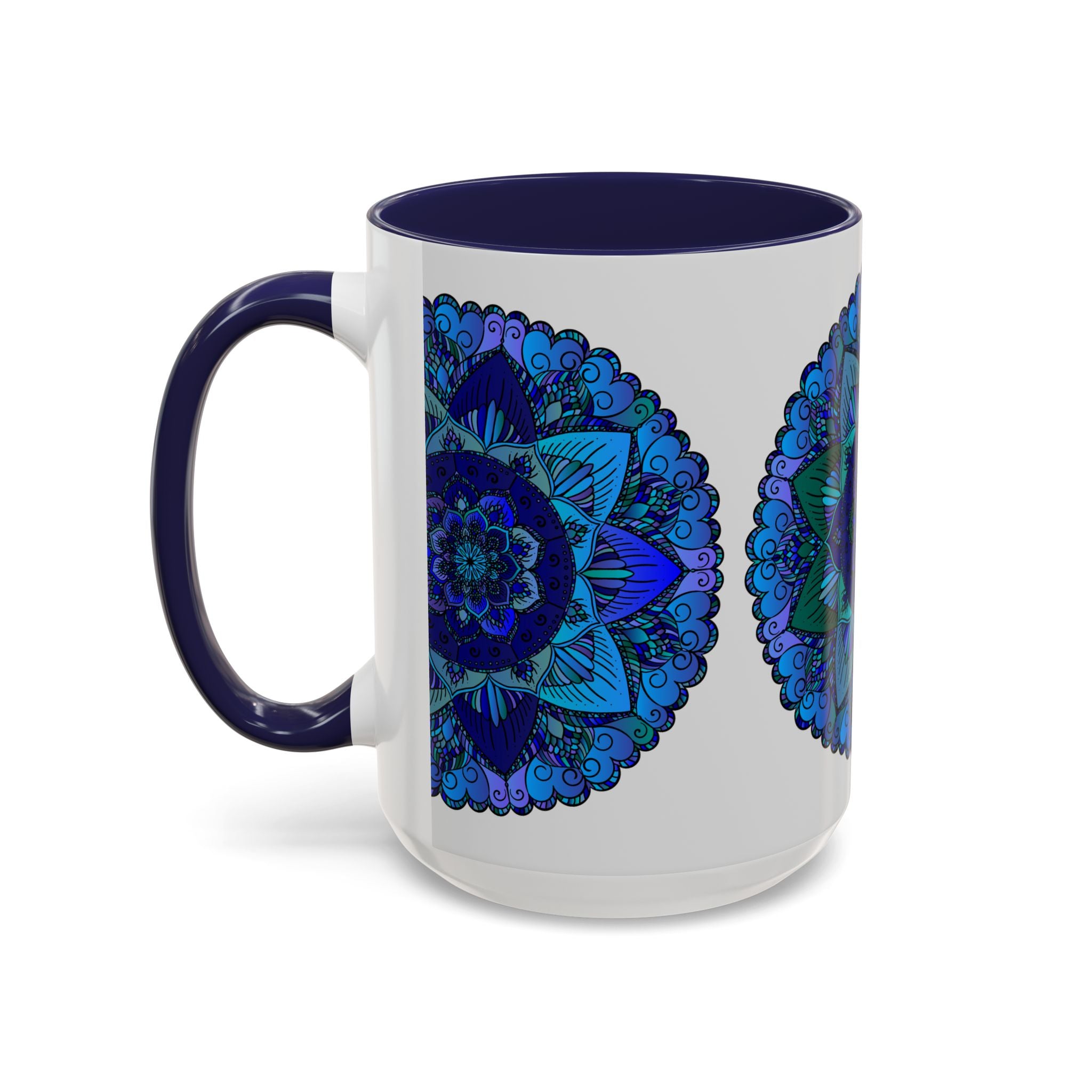 Detailed bohemian art mug with intricate blue and purple mandala illustration