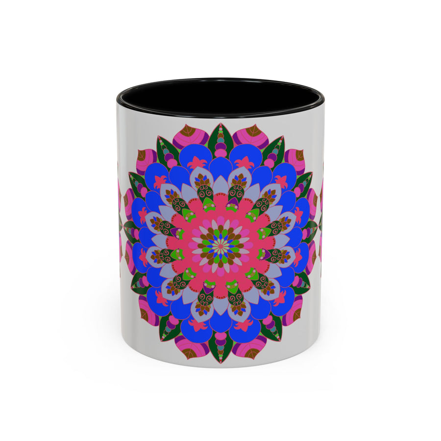 Close up of mandala mug showing detailed and vibrant design