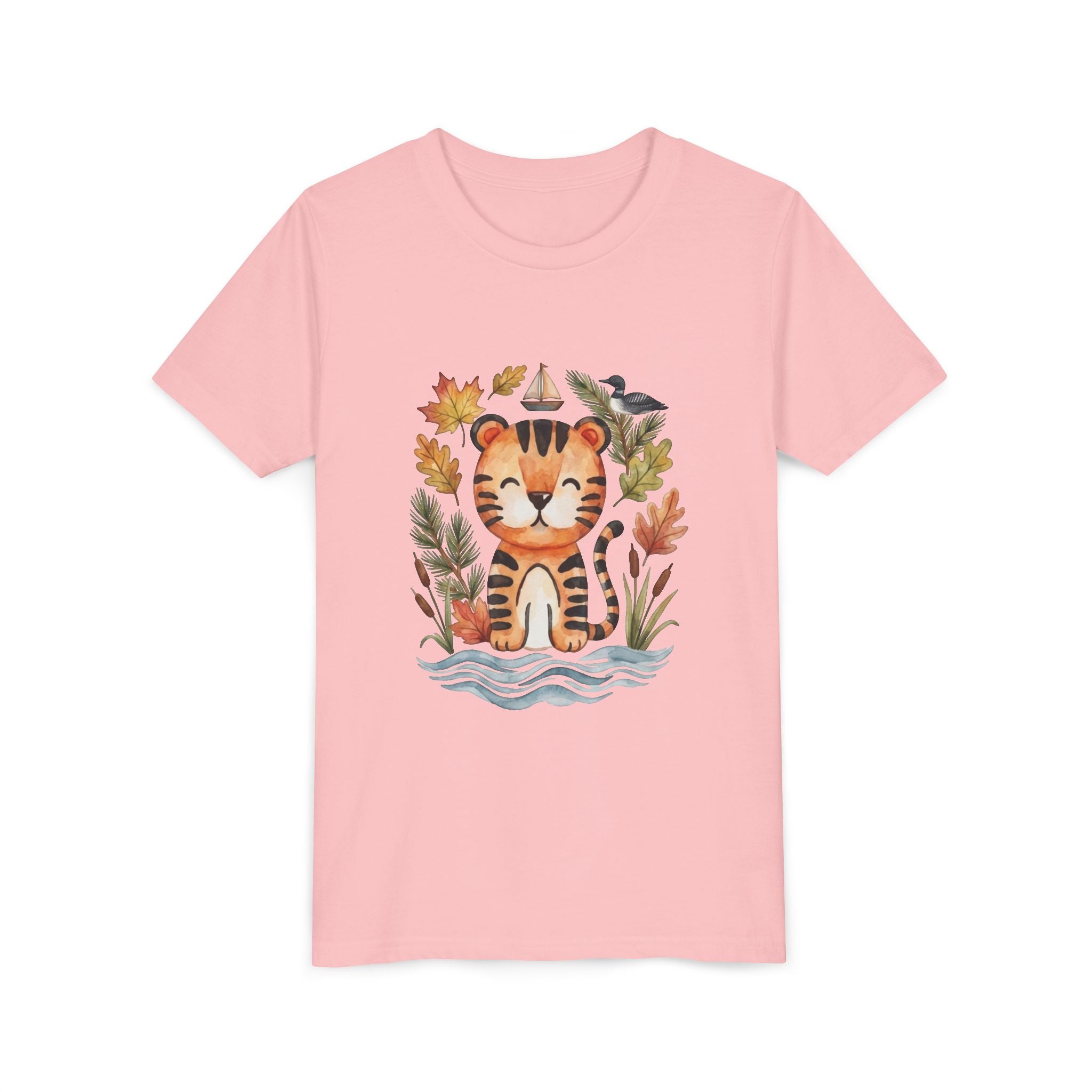 Kids Tiger Lake Ontario Tee — Watercolor Autumn Sailboat & Leaves Youth Short Sleeve Tee