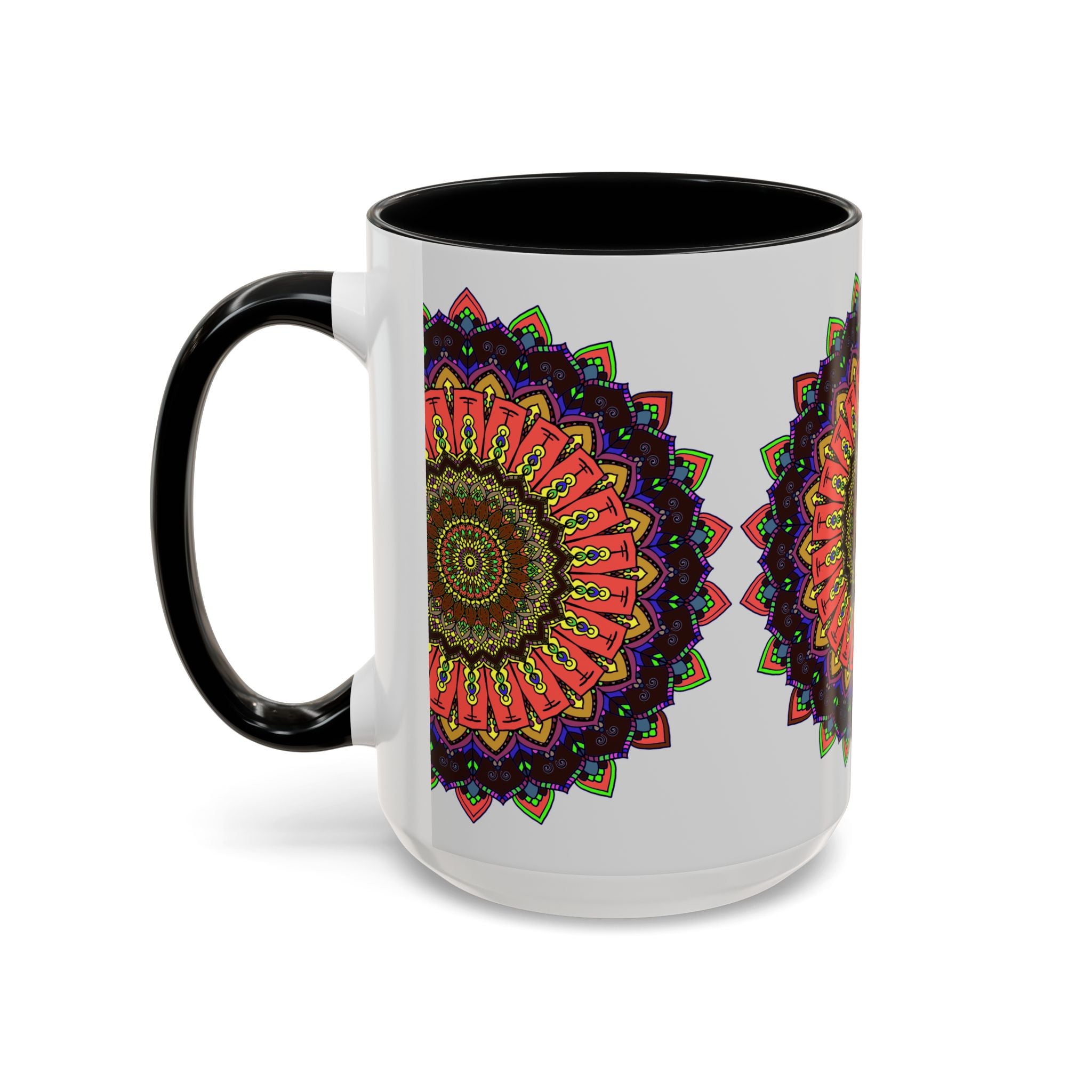 Colorful and vibrant mandala art printed on a high-quality ceramic mug