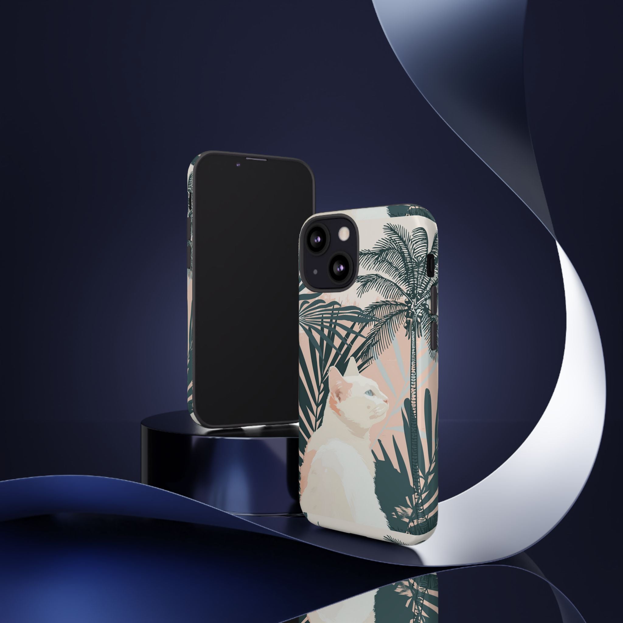 Tropical Cat Phone Case with Lush Palm Motifs and Soft Pastels