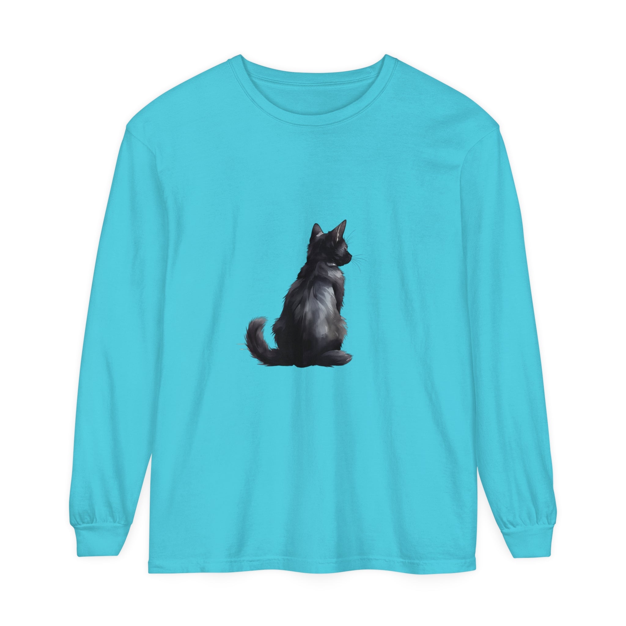 Black Cat Mystery unisex long sleeve tee featuring a spooky black cat design
