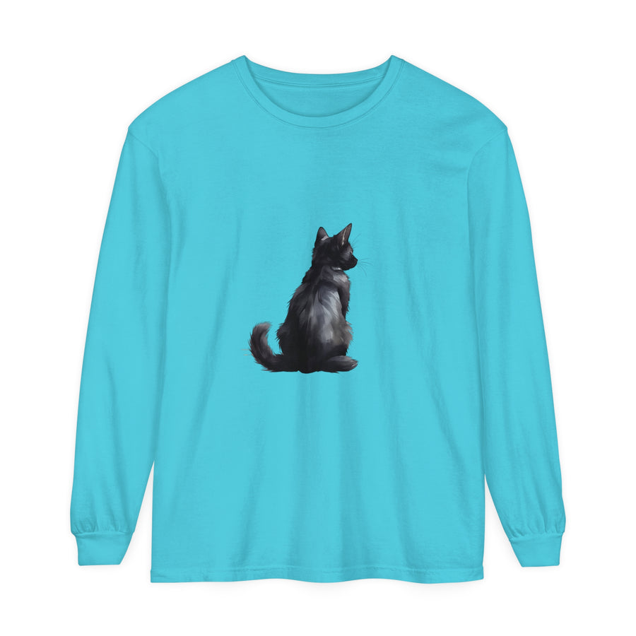 Black Cat Mystery unisex long sleeve tee featuring a spooky black cat design