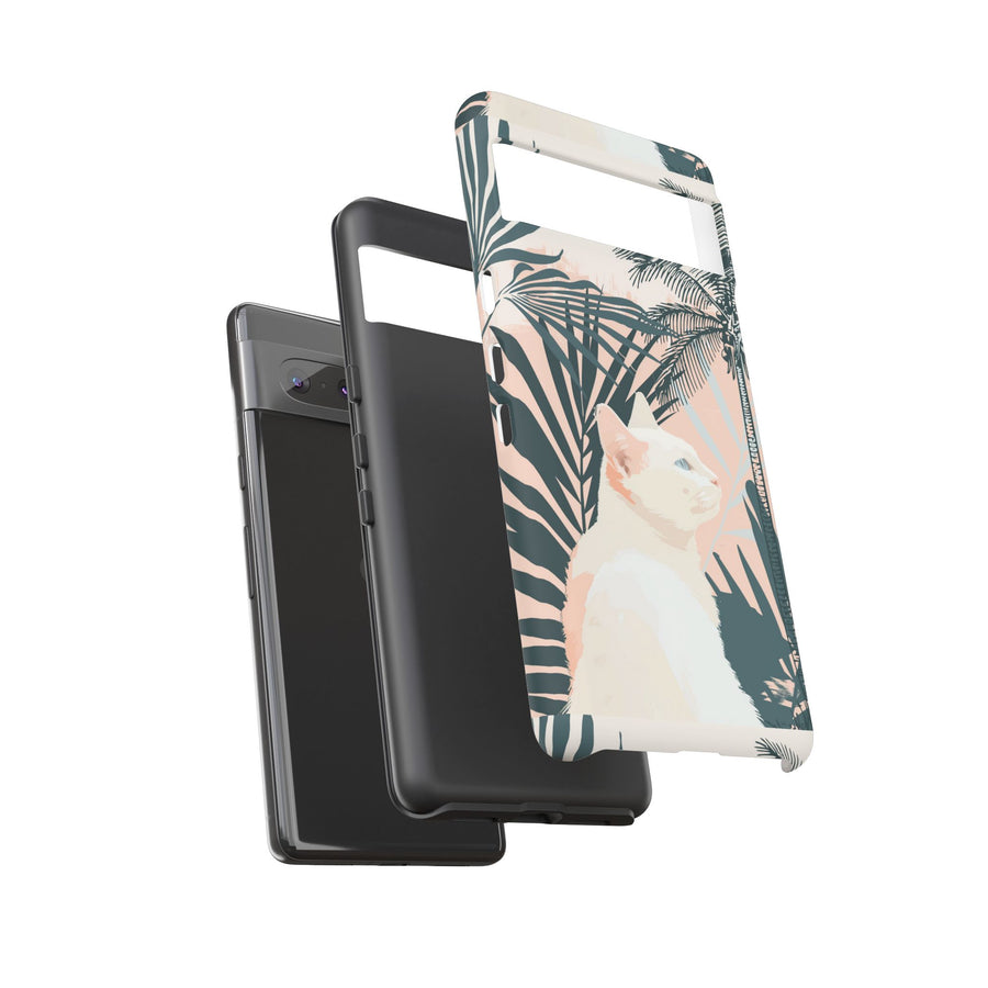 Tropical Cat Phone Case with Lush Palm Motifs and Soft Pastels