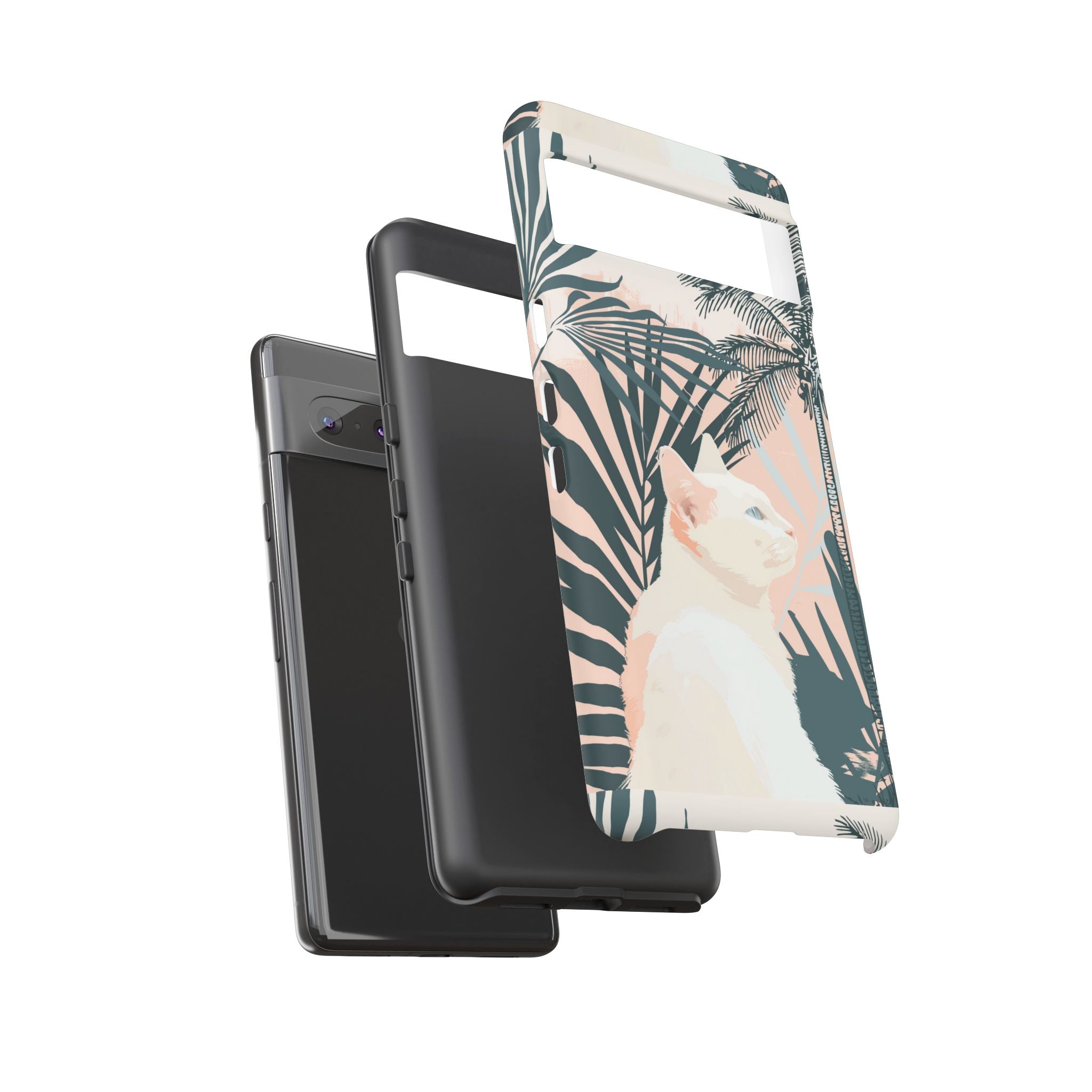 Tropical Cat Phone Case with Lush Palm Motifs and Soft Pastels