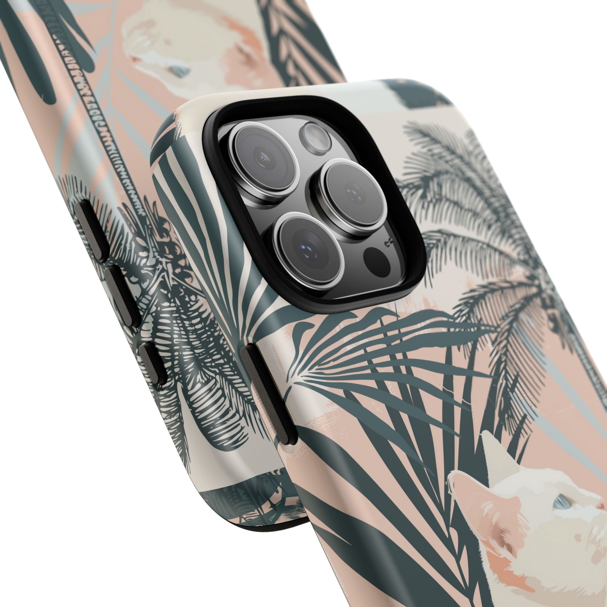 Tropical Cat Phone Case with Lush Palm Motifs and Soft Pastels