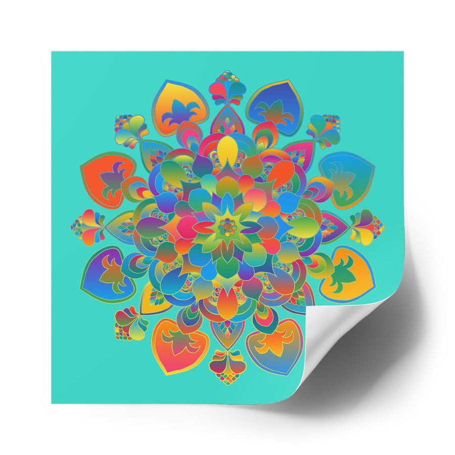Hand-Drawn Mandala Laminate Stickers – Gold, Red, and Green on Turquoise