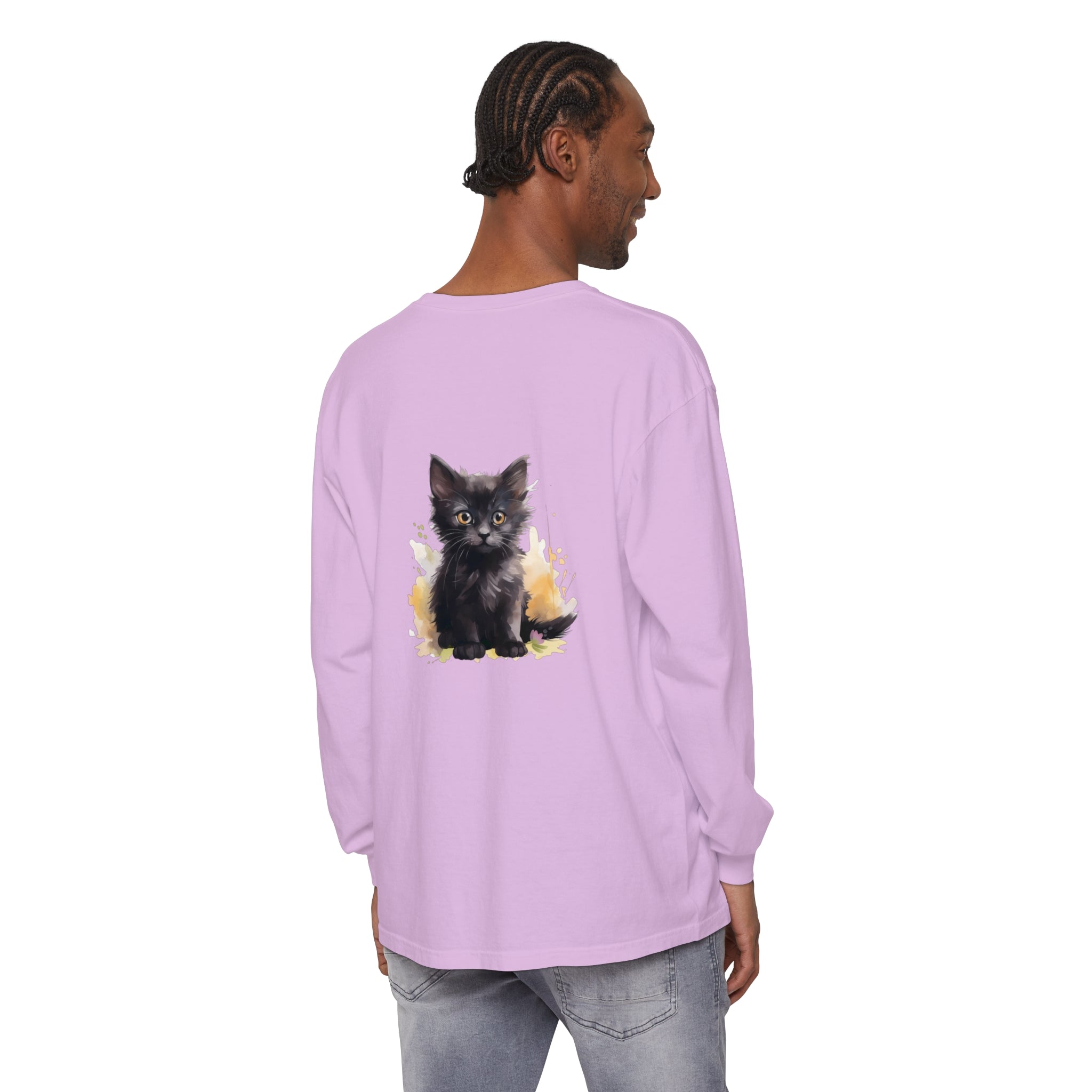A stylish and artistic watercolor splash t-shirt featuring an adorable black kitten design