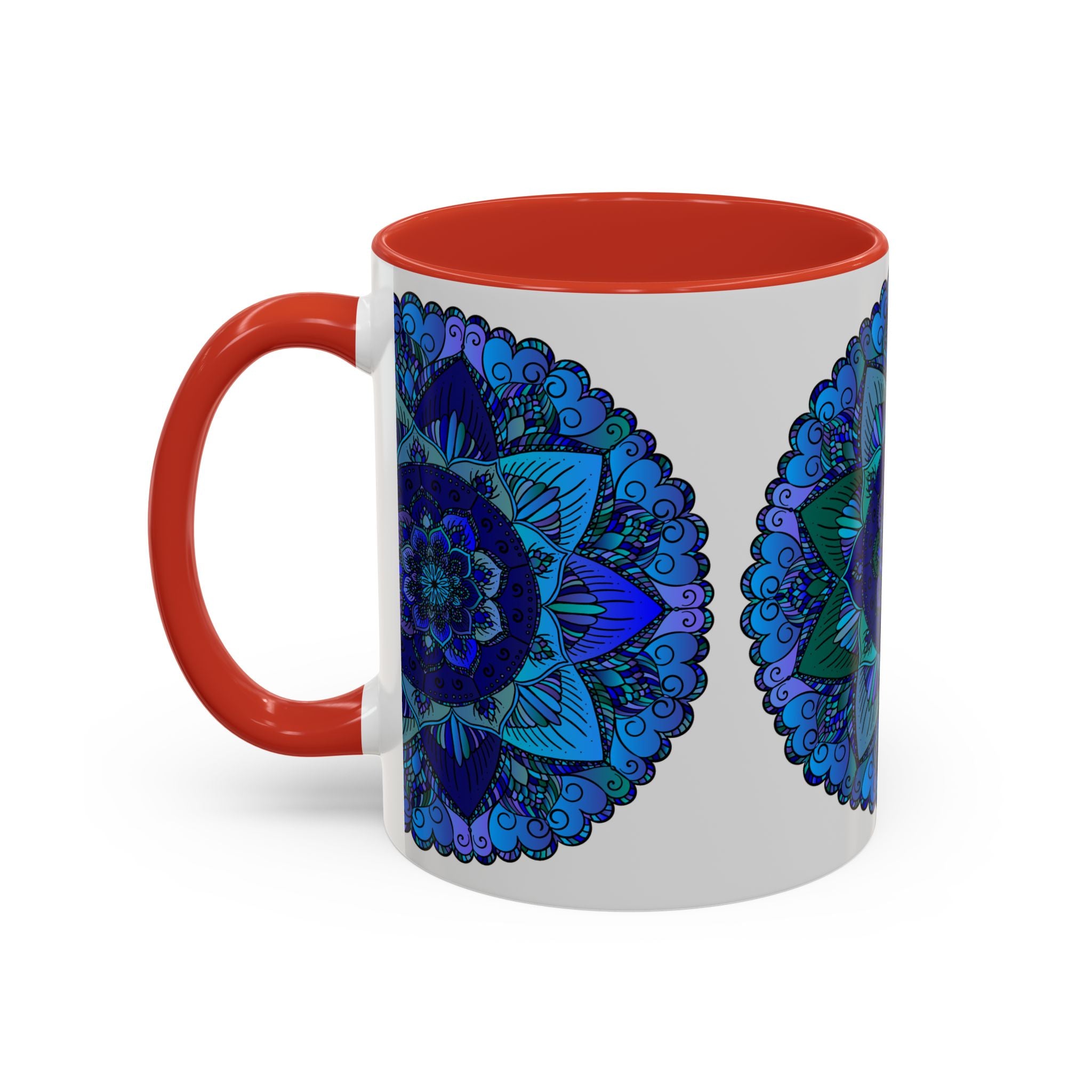 Bohemian-style coffee mug with stunning blue and purple mandala print