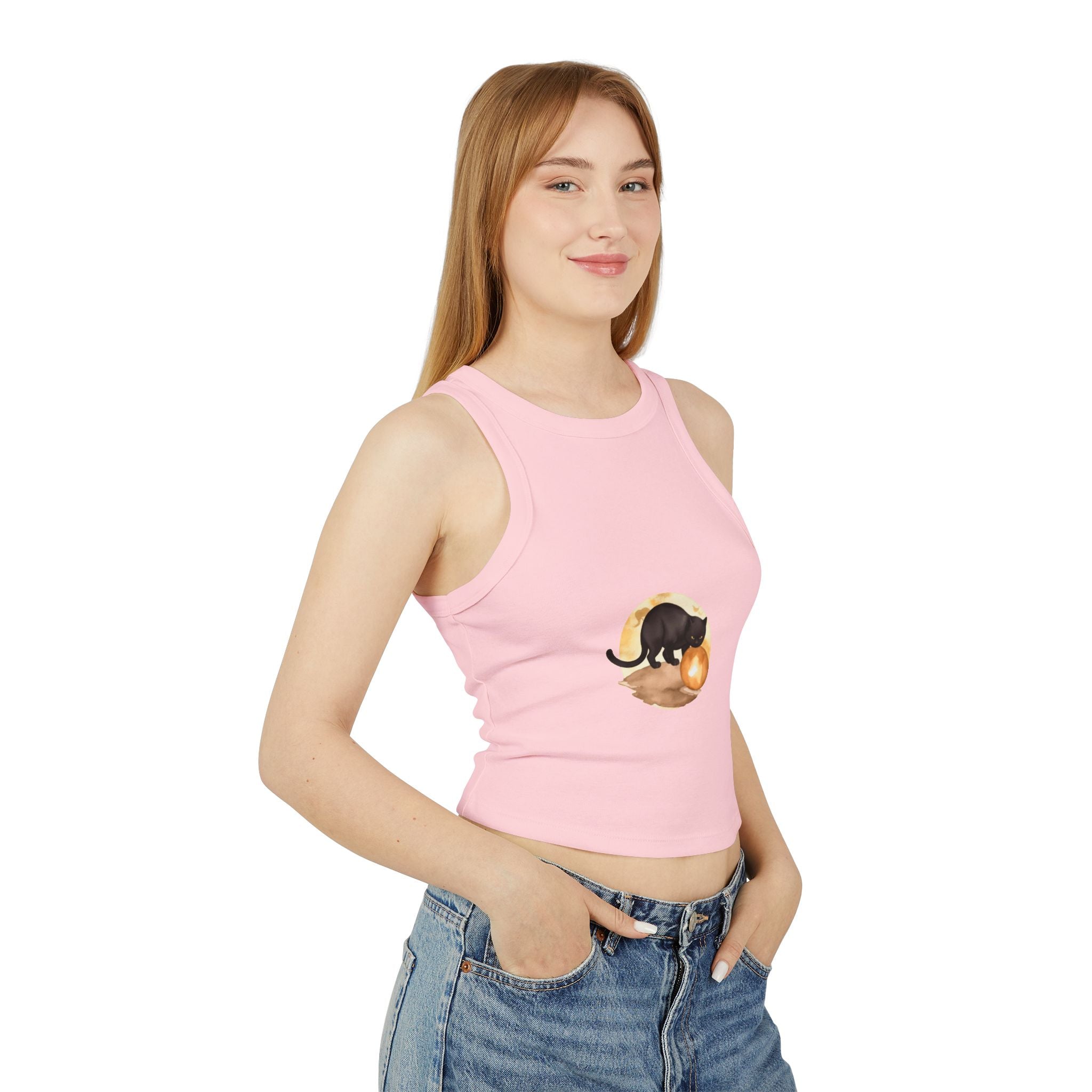 Front close-up of Black Cat Moon Racerback Tank Top with a smooth and comfortable feel