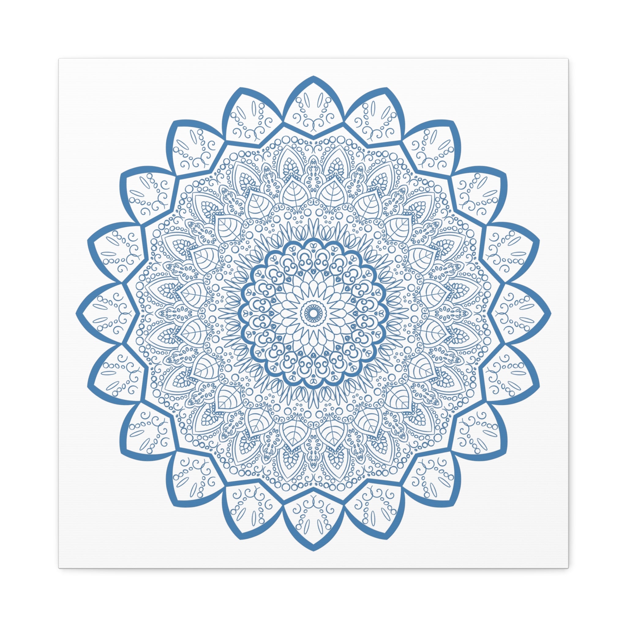 Handmade Mandala Art featuring intricate steel blue design on matte canvas, stretched and framed at 125 inches