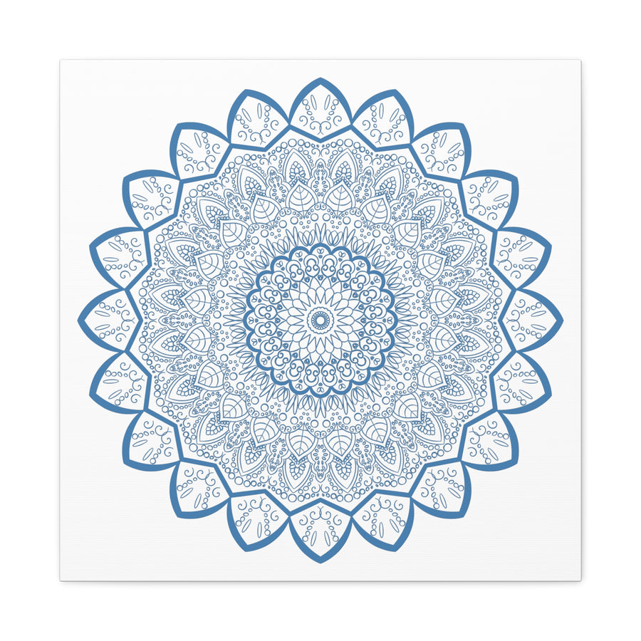 Handmade Mandala Art featuring intricate steel blue design on matte canvas, stretched and framed at 125 inches