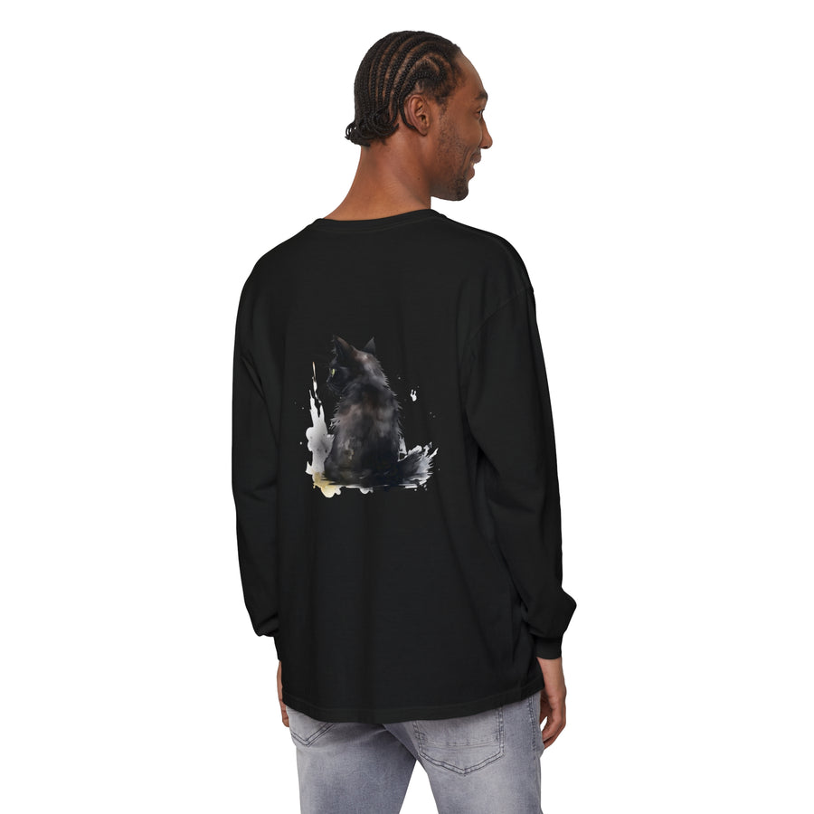 Black Cat Watercolor Dream - Long Sleeve T-Shirt in black with colorful cat design