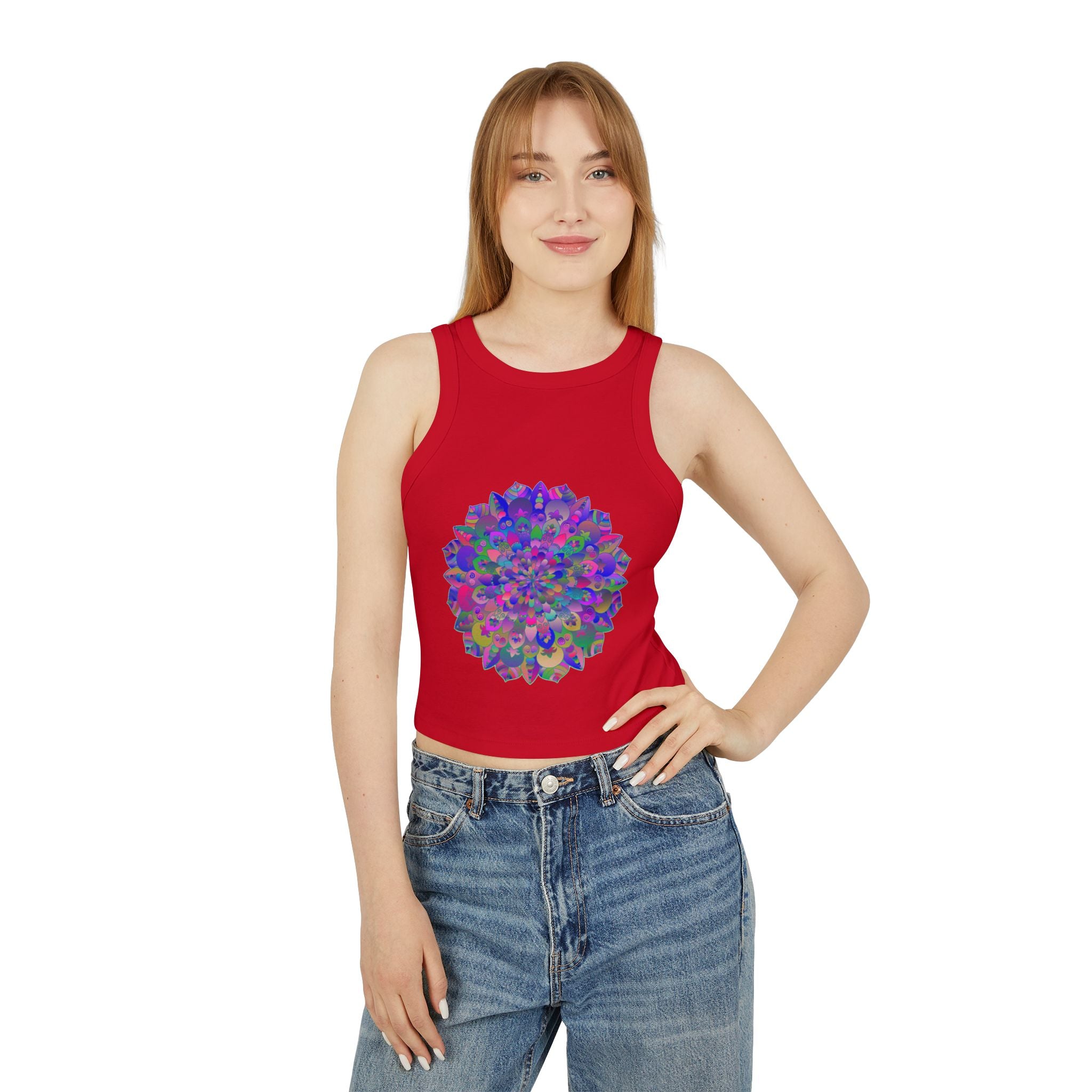 Close-up of the intricate and detailed mandala pattern on the Vibrant Mandala Racerback Tank Top