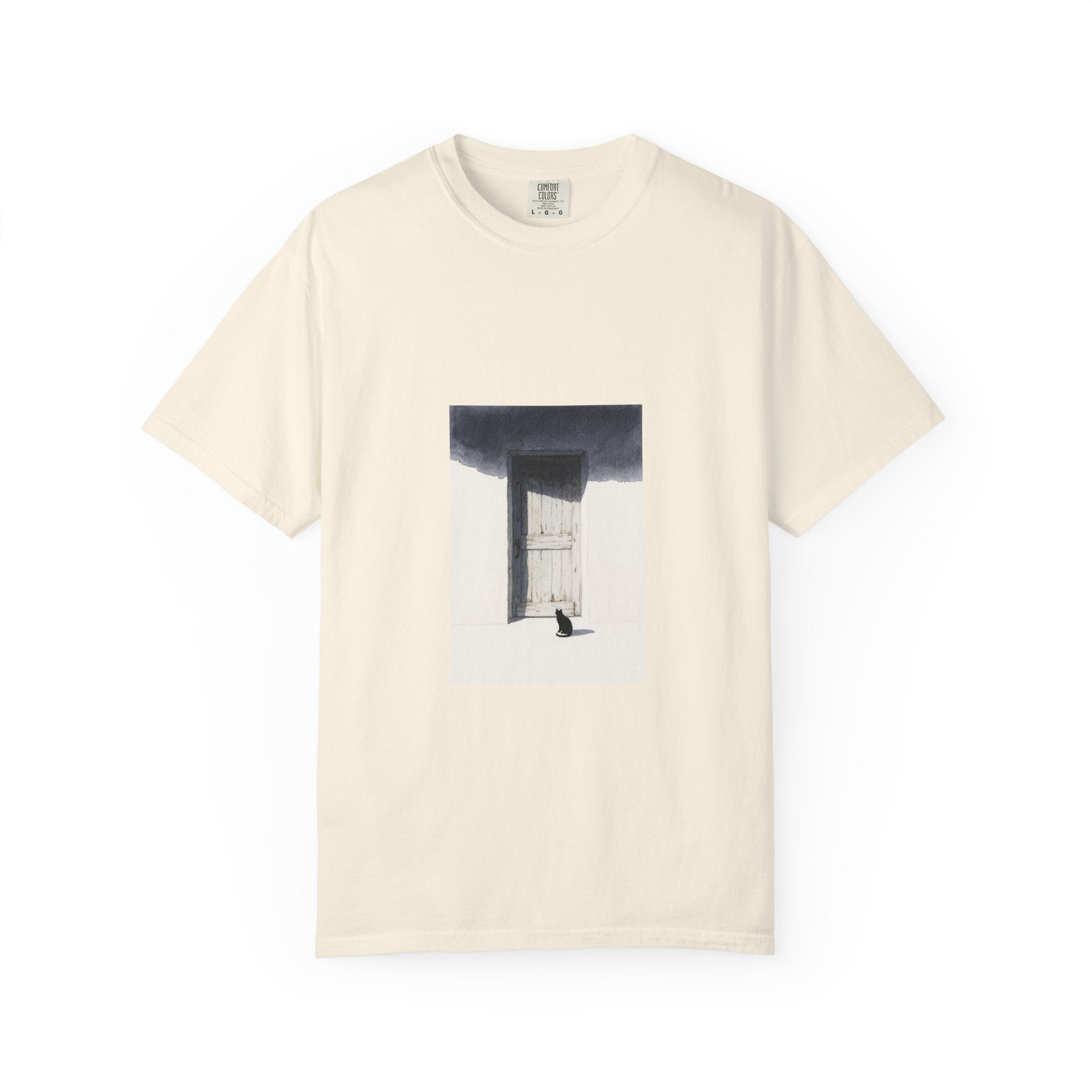 T-Shirt — Minimal Art Cat at Door Graphic Tee