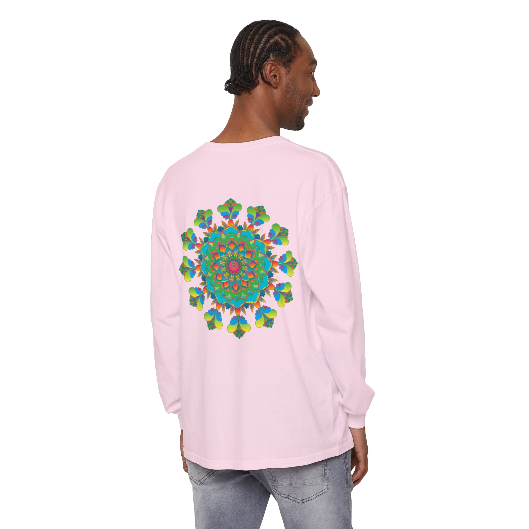 Colorful psychedelic mandala tie dye long sleeve t-shirt on white background