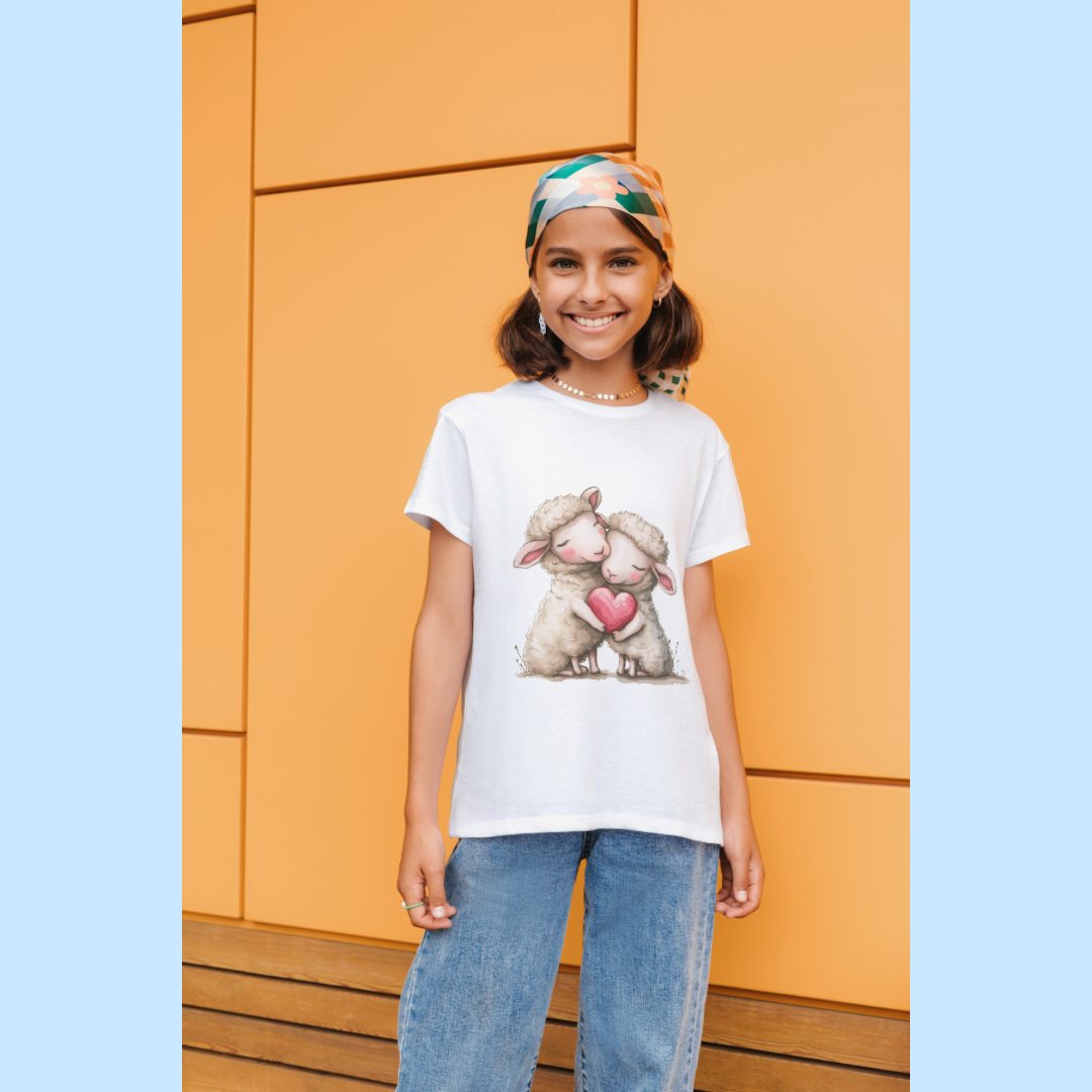 Maglietta per ragazzi - Pecore dei cartoni animati che abbracciano il cuore, design carino e adorabile