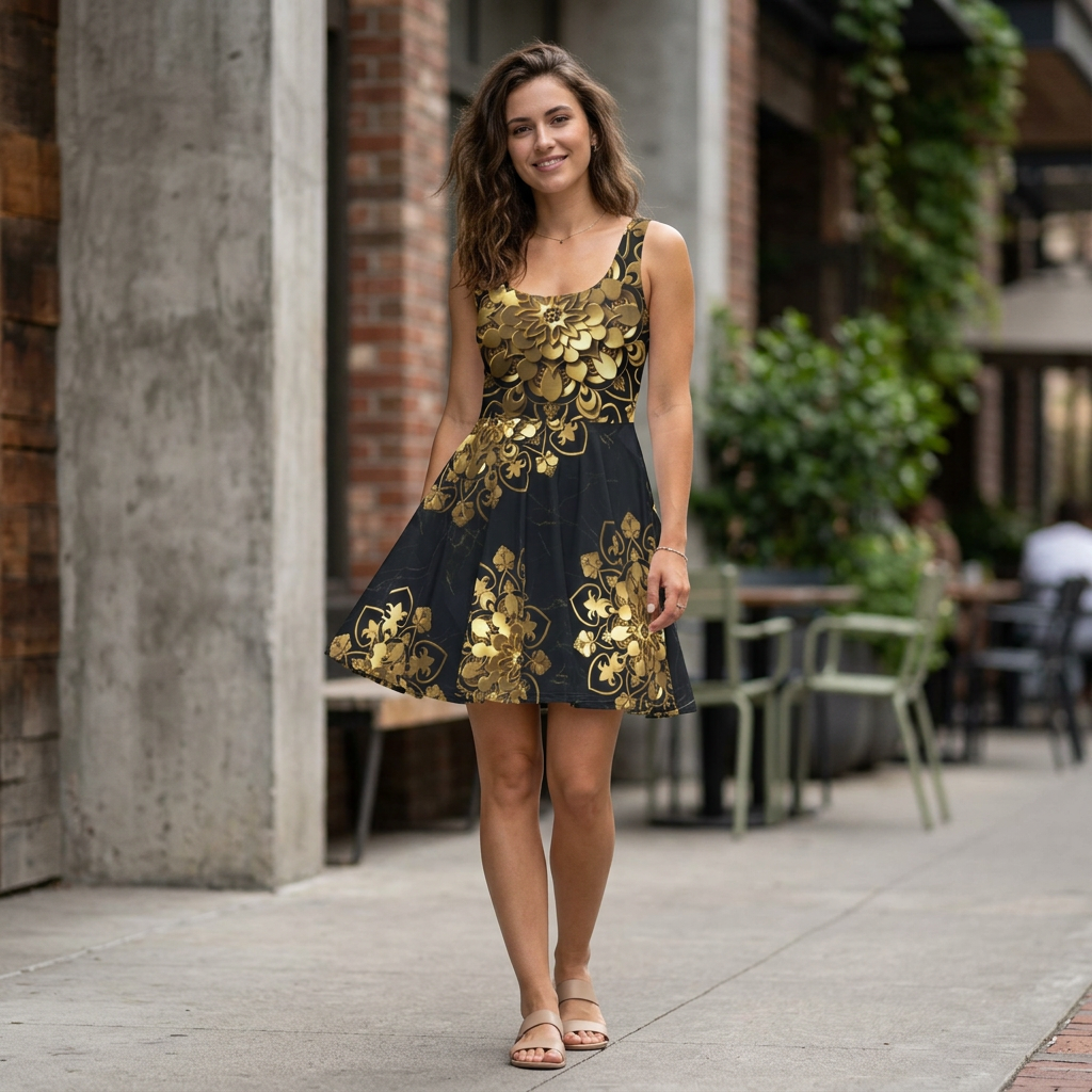 Gold Floral Skater Dress - Black & Metallic Mandala Print, Elegant Party Dress