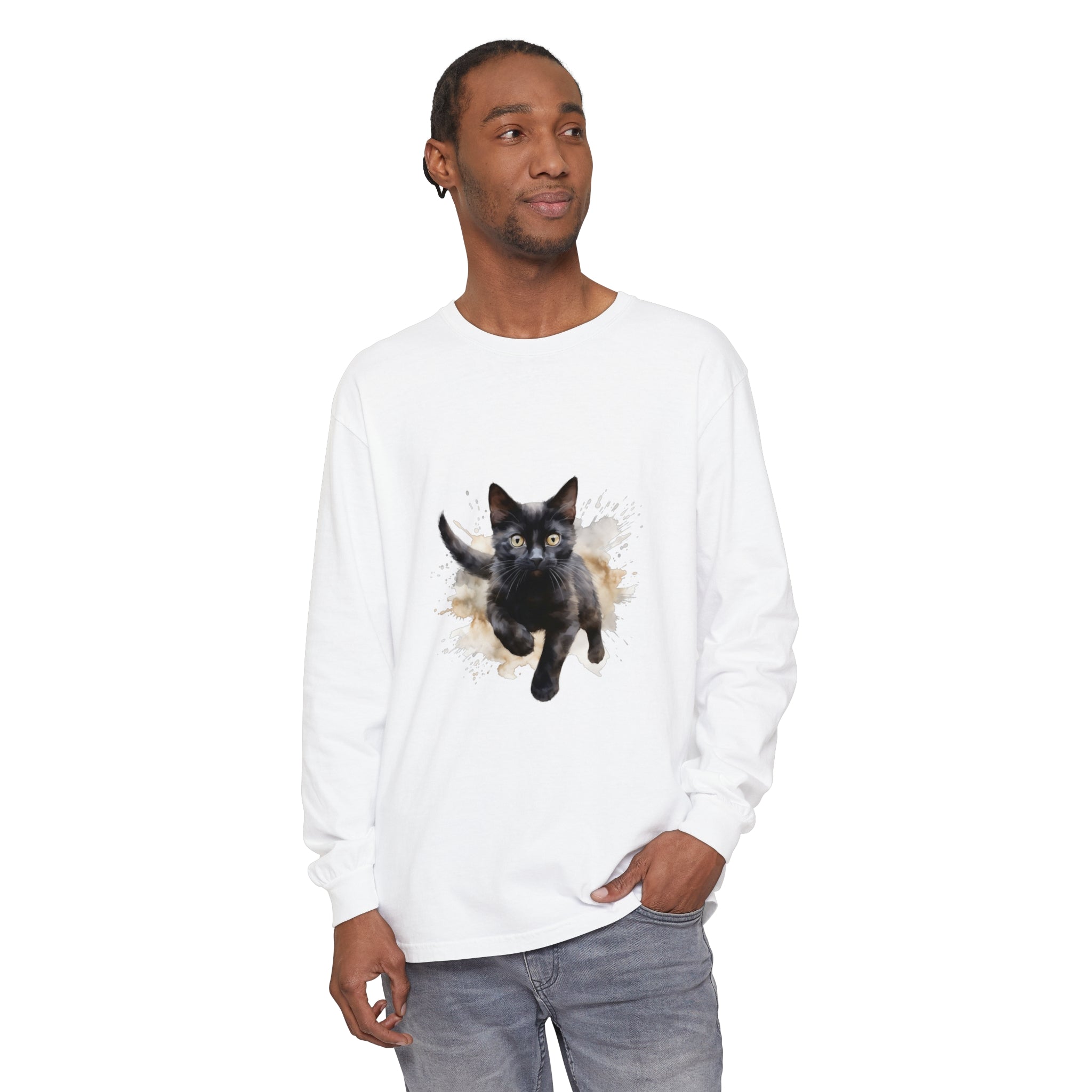Detailed shot of Black Cat Watercolor Splash T-Shirt highlighting the intricate watercolor patterns