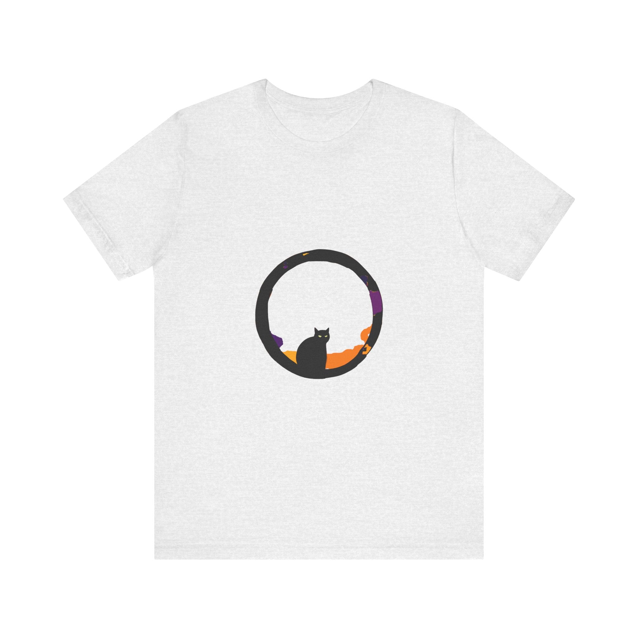 A close-up of a black t-shirt with a moon and cat design, perfect for those who love spooky and stylish clothing