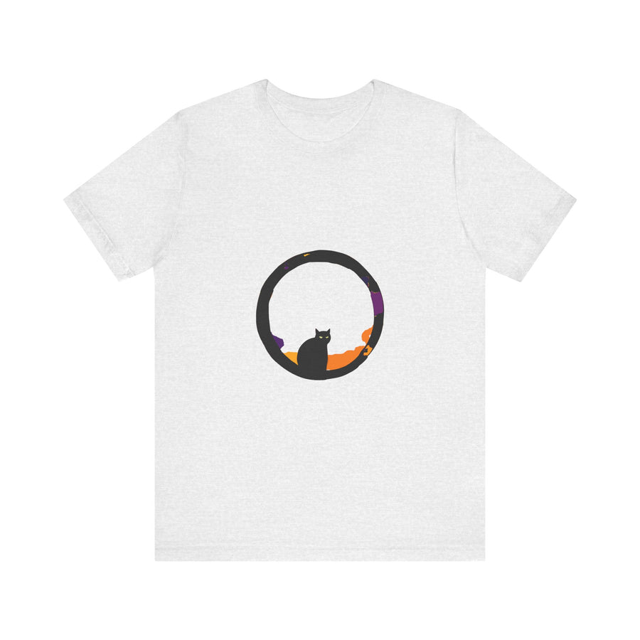 A close-up of a black t-shirt with a moon and cat design, perfect for those who love spooky and stylish clothing