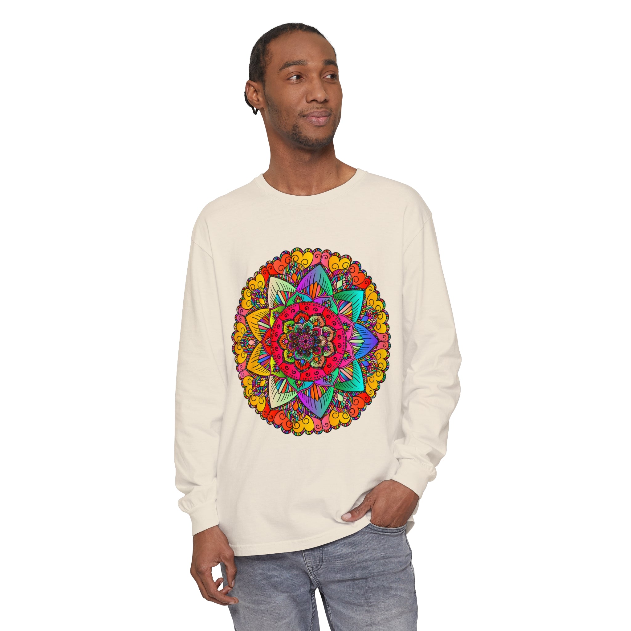 Bold and colorful unisex long sleeve t-shirt with eye-catching mandala print