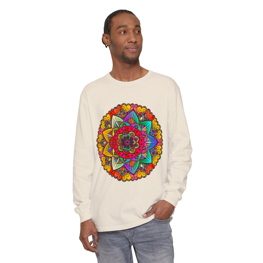 Bold and colorful unisex long sleeve t-shirt with eye-catching mandala print