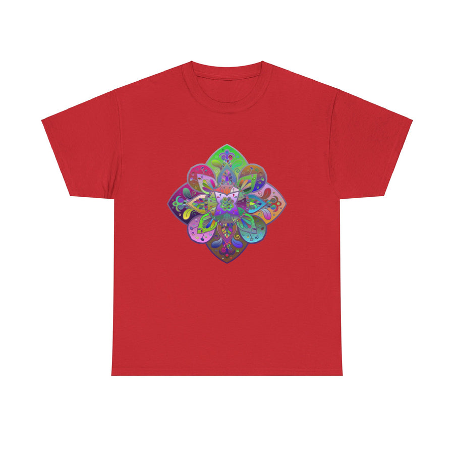 A colorful mandala design printed on a high-quality unisex heavy cotton T-shirt, perfect for yoga practice and mindfulness activities