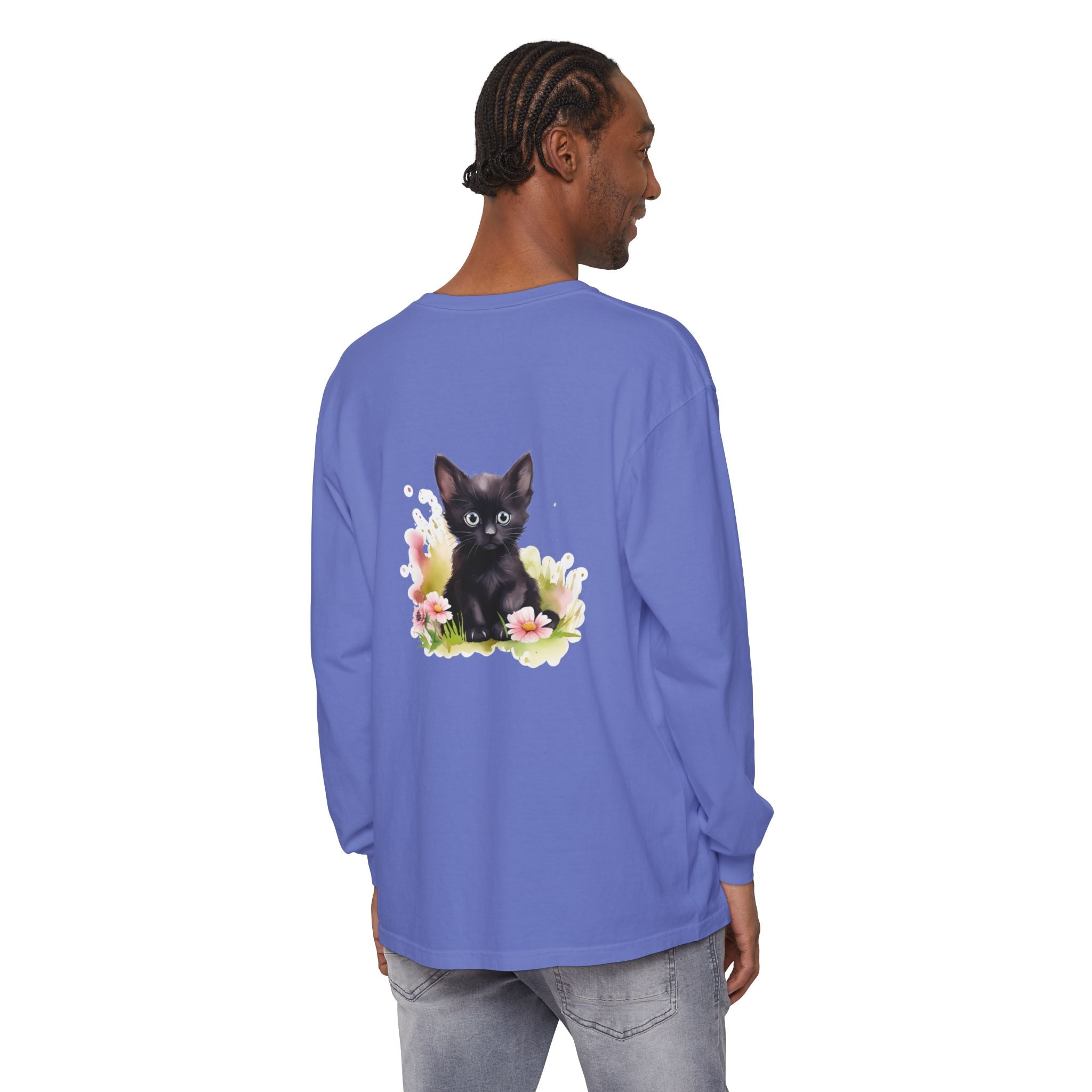 Langarmshirt | Schwarzes Kätzchen & rosa Blumen