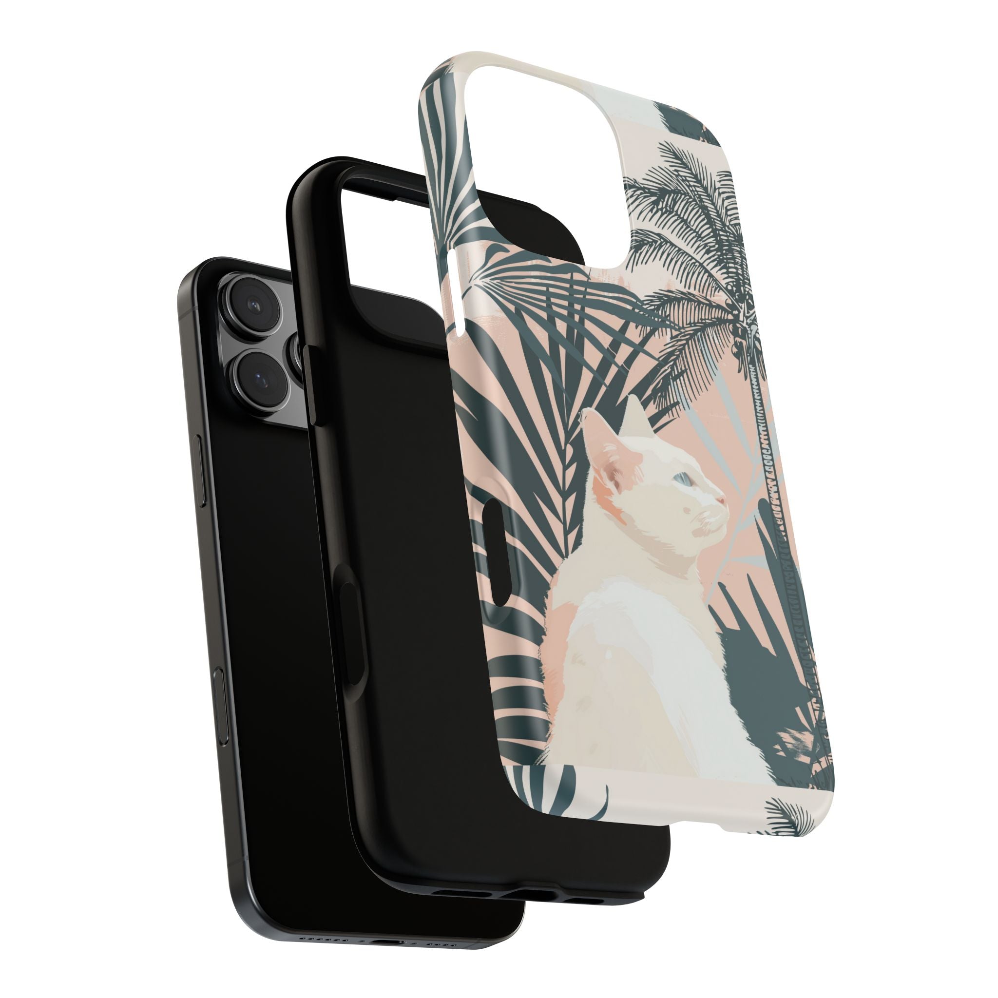 Tropical Cat Phone Case with Lush Palm Motifs and Soft Pastels