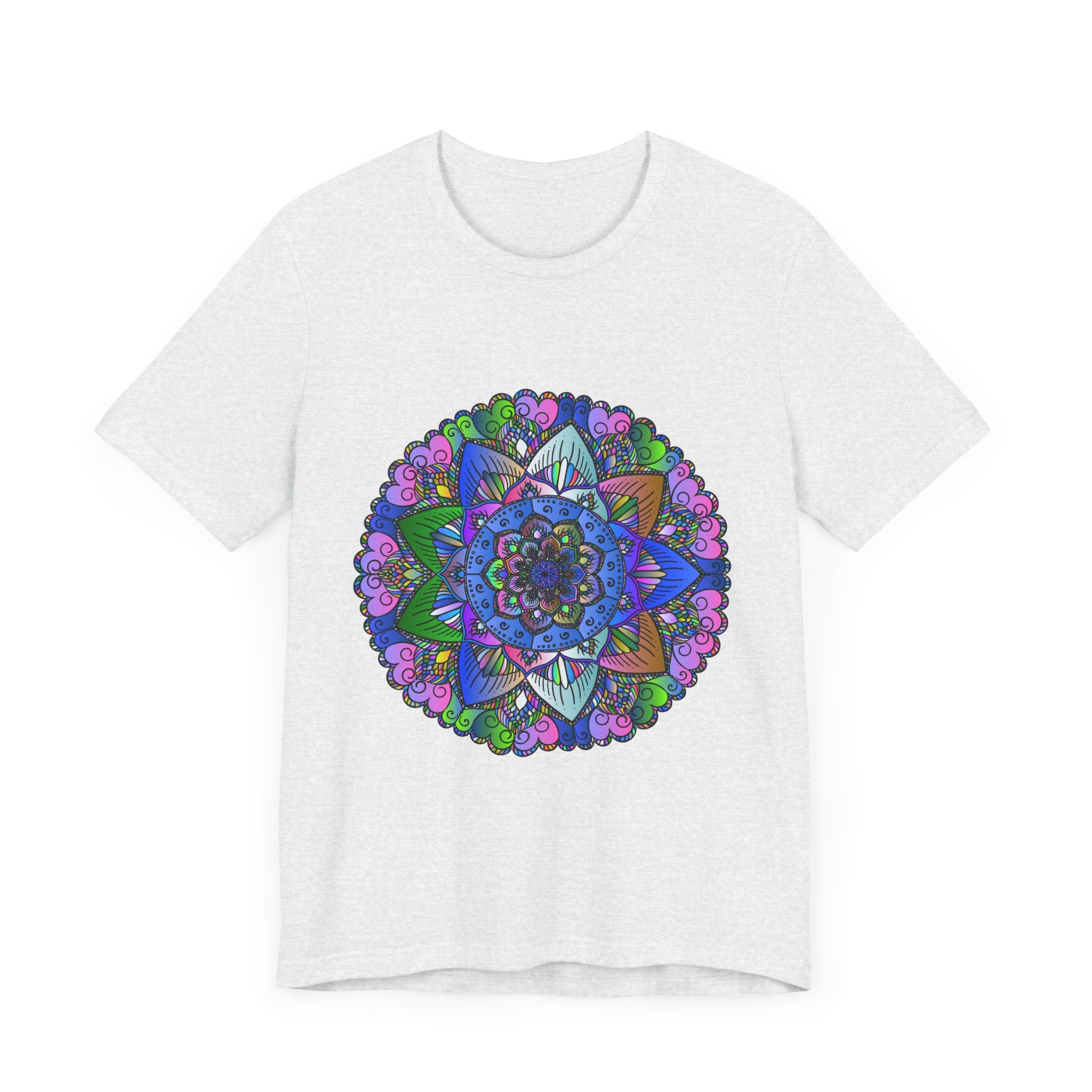 A vibrant and intricate mandala art design featured on a t-shirt