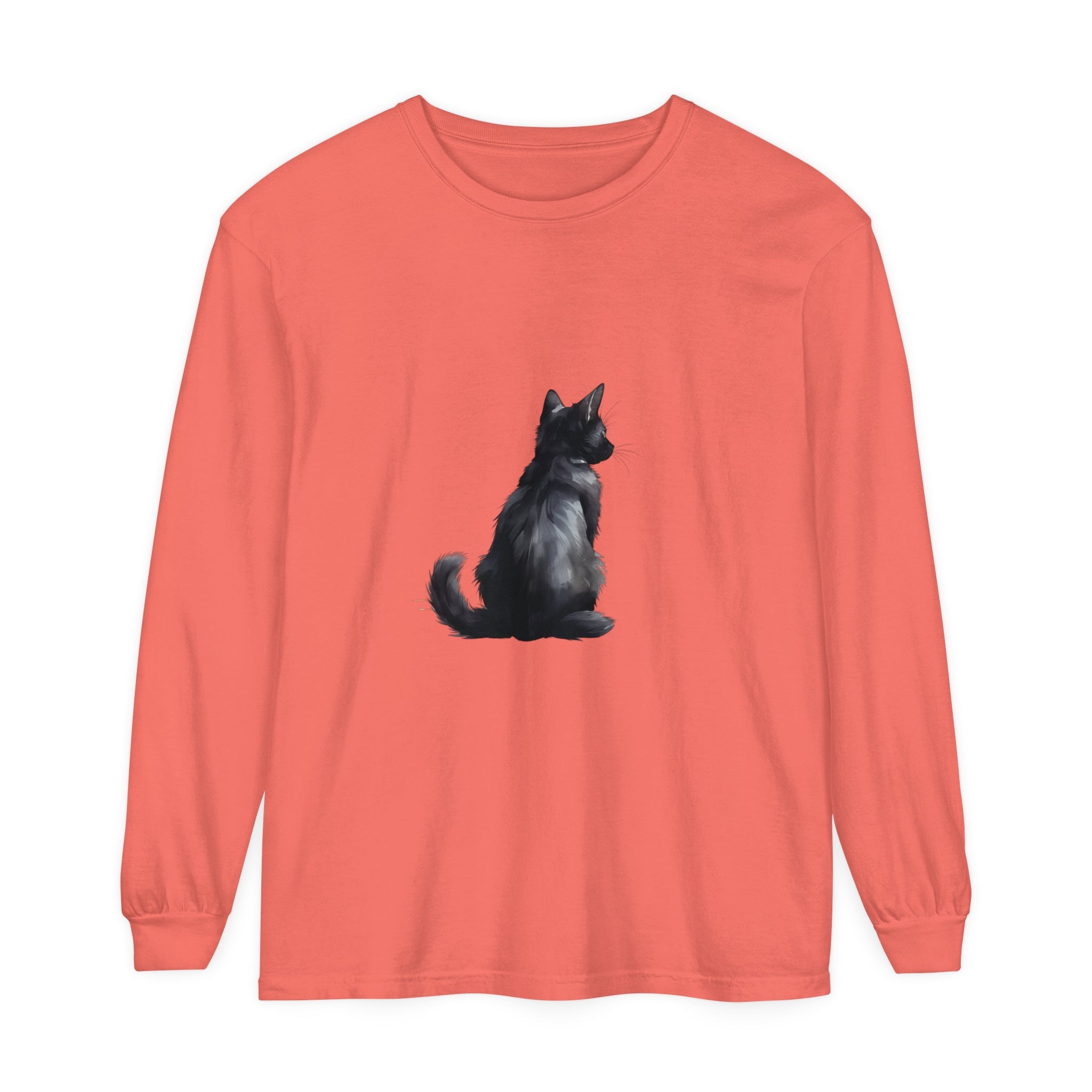 Black Cat Mystery unisex long sleeve tee in black with intricate cat design