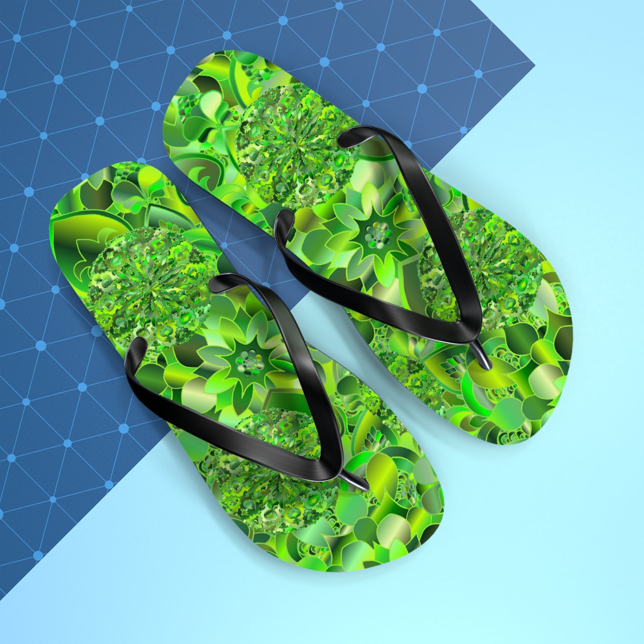 Green Kaleidoscope Flip Flops – Tropical Floral Beach Sandals