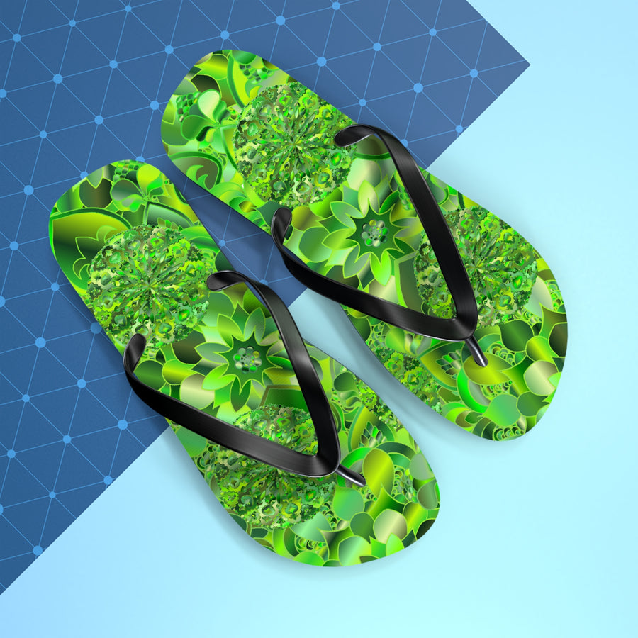 Grüne Kaleidoskop Flip-Flops – Tropische florale Strand-Sandalen