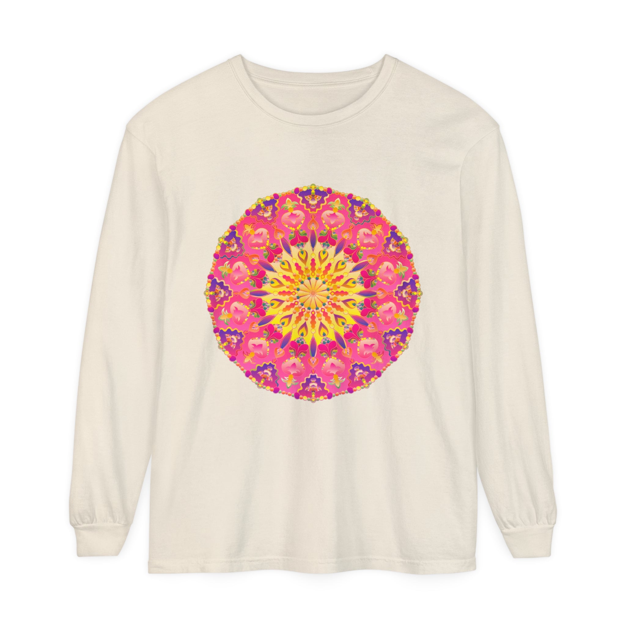 Colorful and intricate mandala design on a unisex long sleeve t-shirt