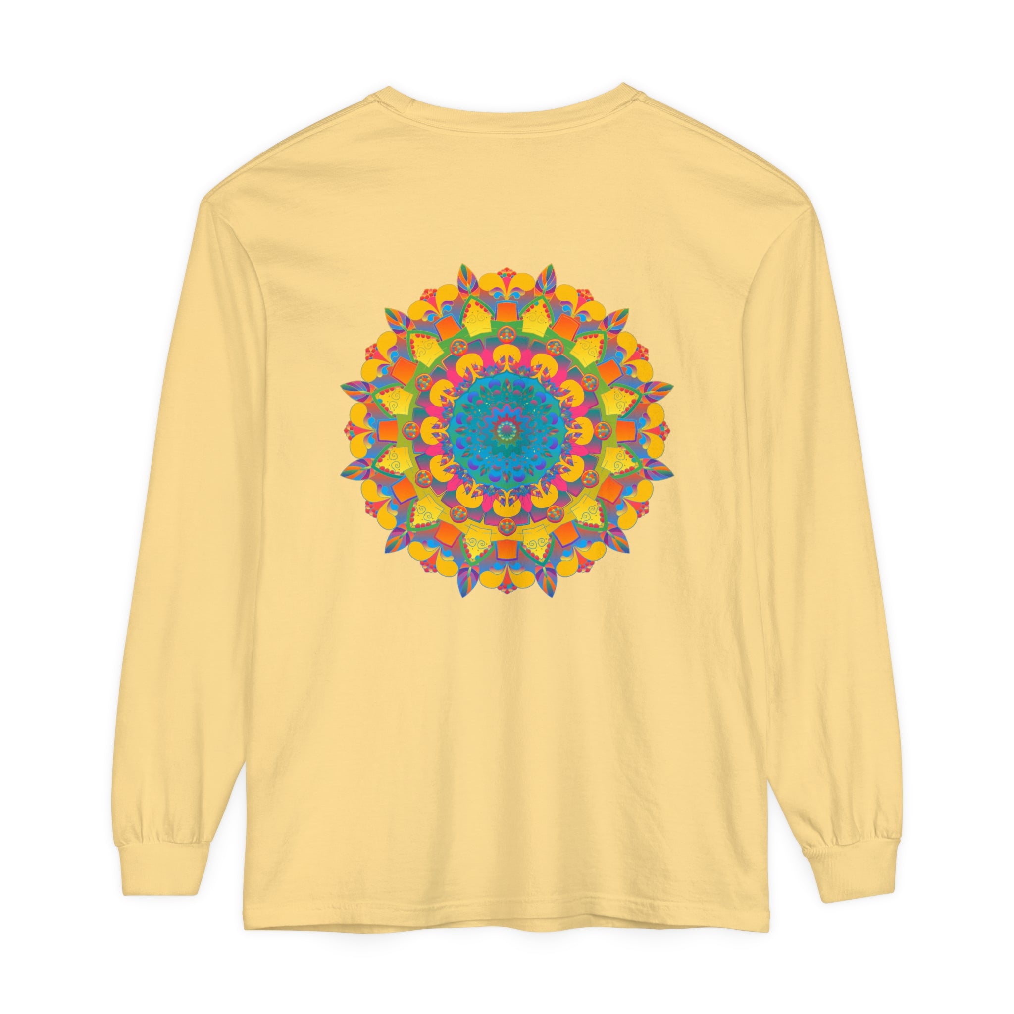 Colorful and intricate mandala design on a unisex long sleeve t-shirt