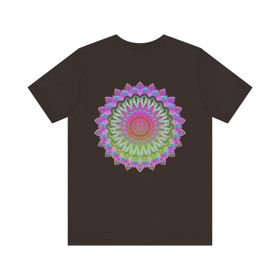 A beautiful and colorful mandala tee featuring spiritual symbols for peace and harmony