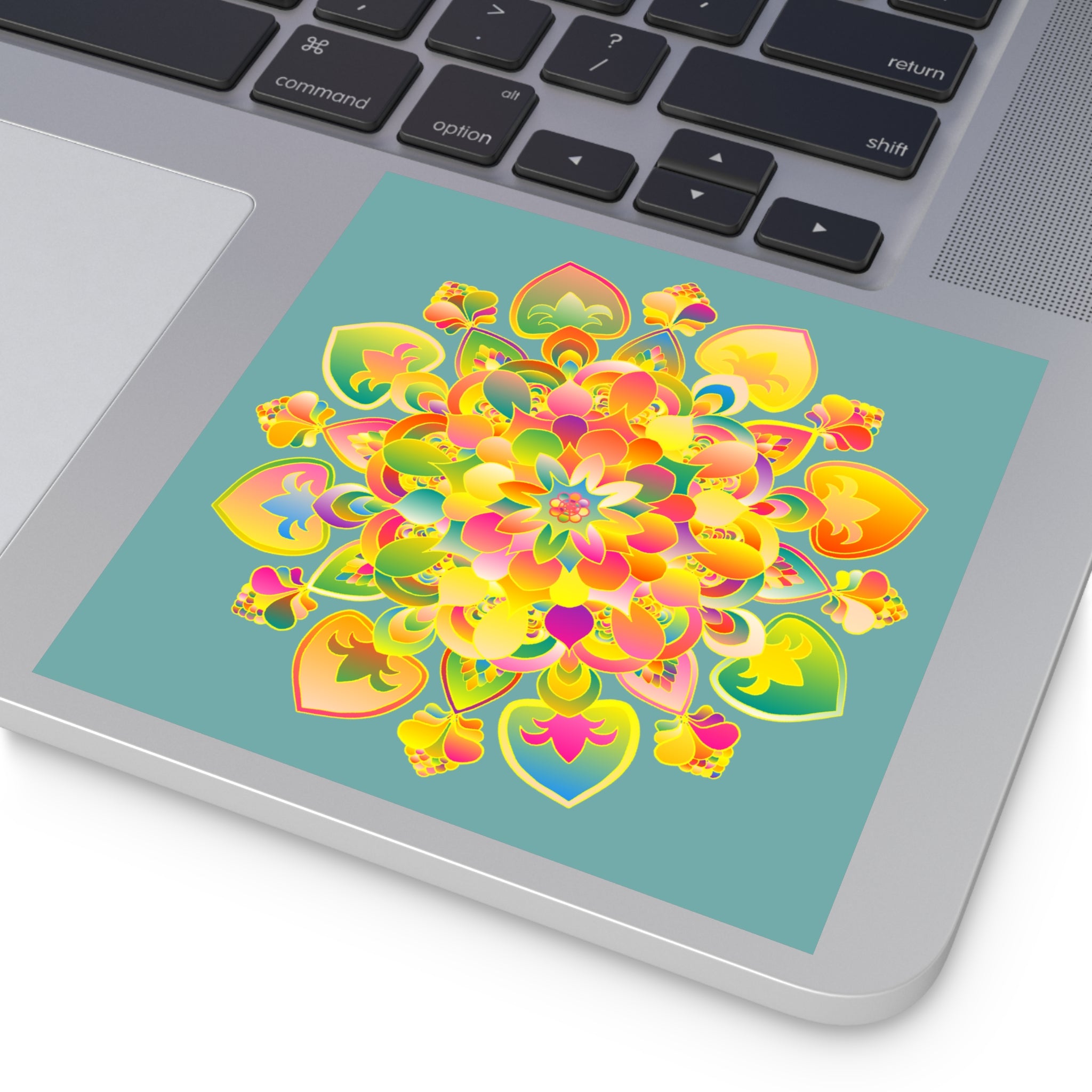 Handgezeichnete Mandala-Laminieraufkleber – Gold, Rot und Grün auf gräulich-türkis