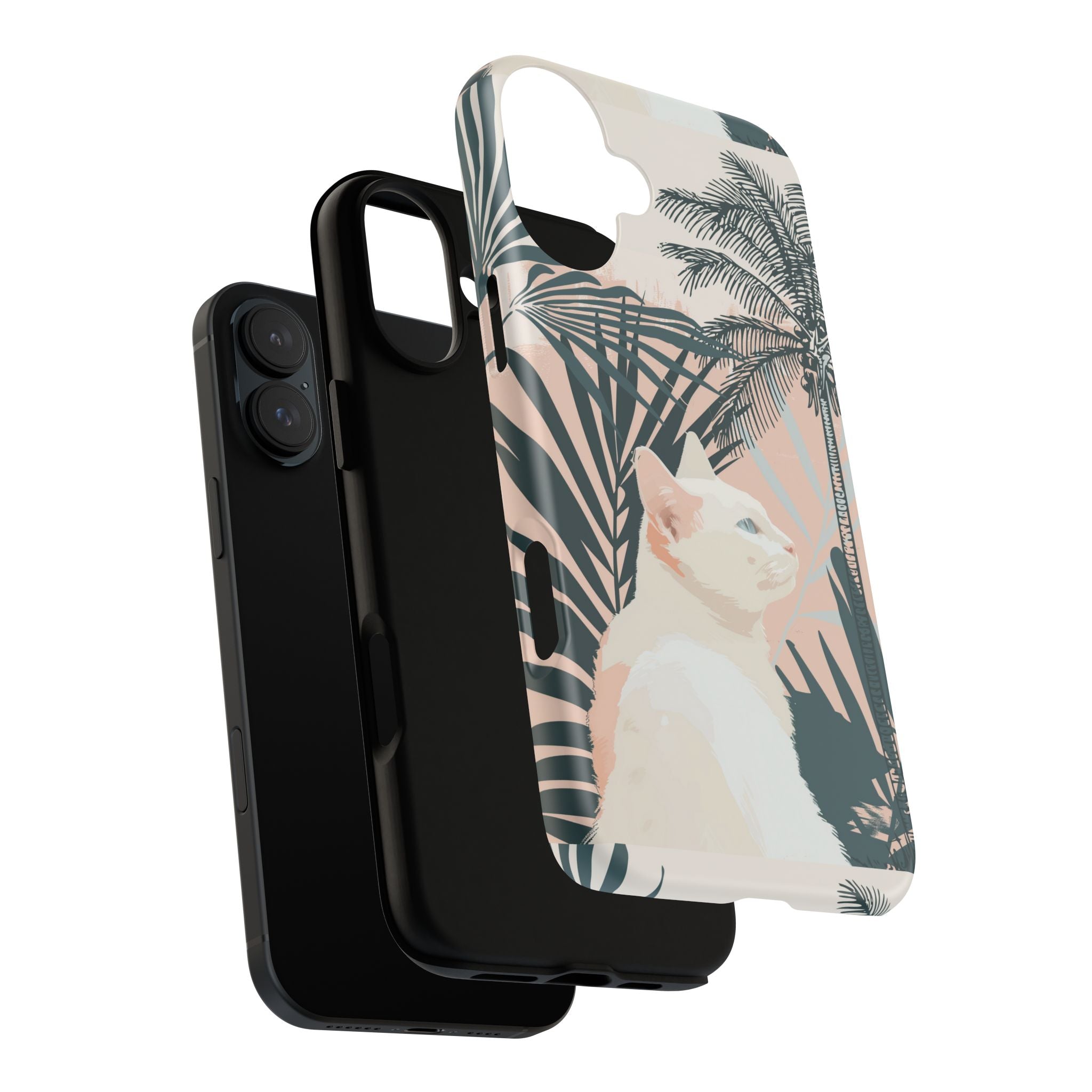 Tropical Cat Phone Case with Lush Palm Motifs and Soft Pastels