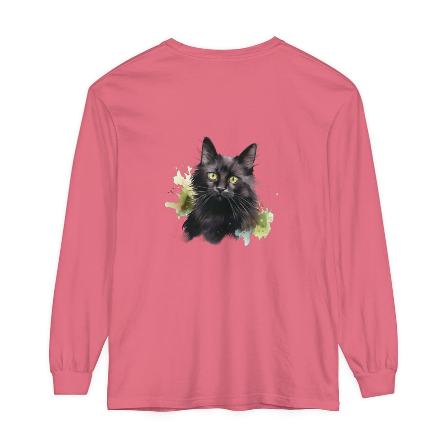 Long sleeve black cat watercolor splash t-shirt with vibrant design