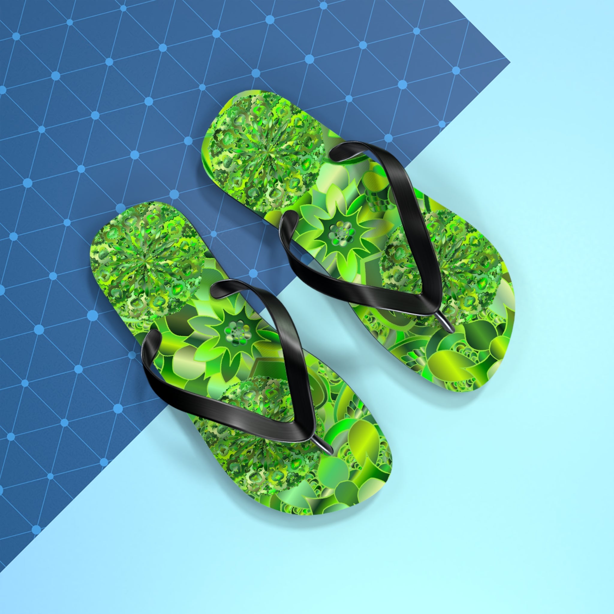 Green Kaleidoscope Flip Flops – Tropical Floral Beach Sandals