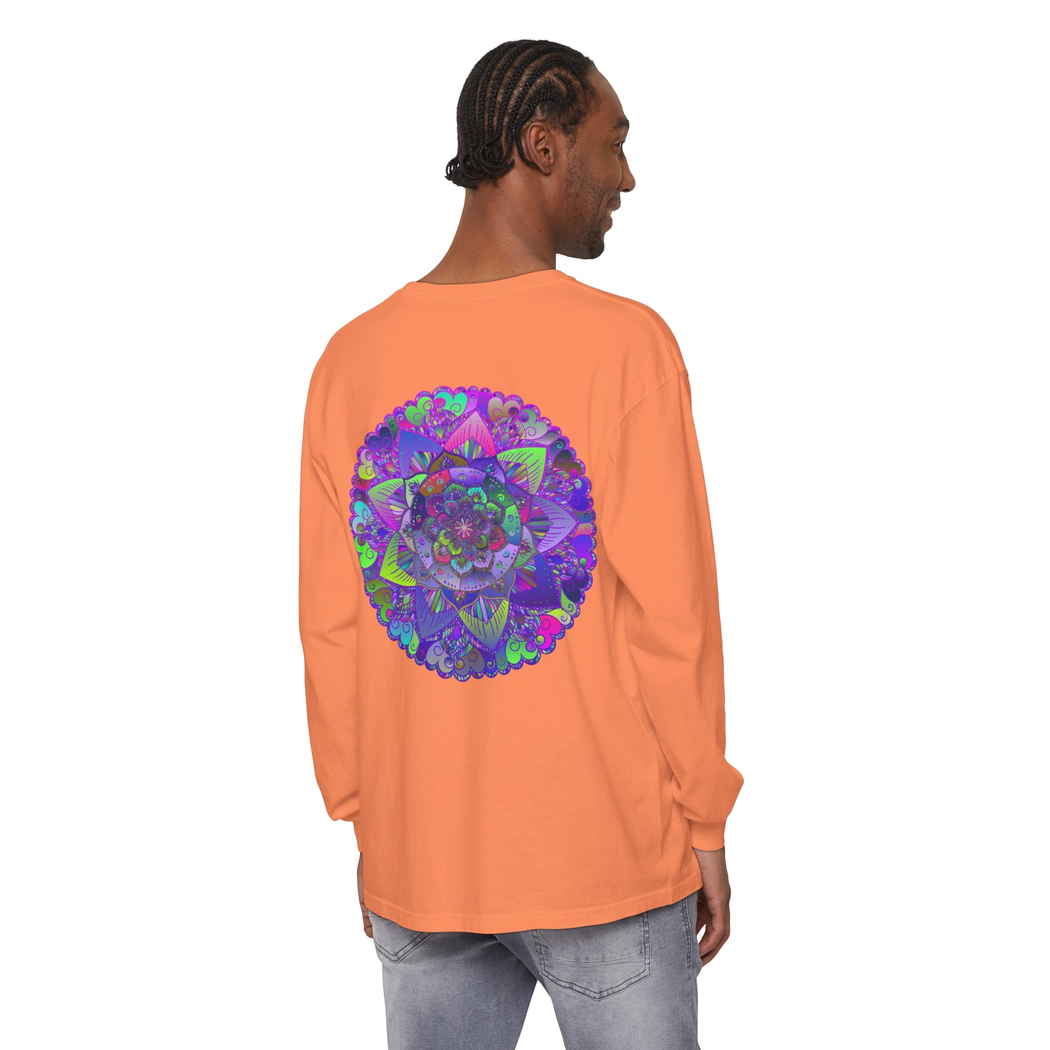 Detailed and colorful mandala art on high-quality long sleeve shirt