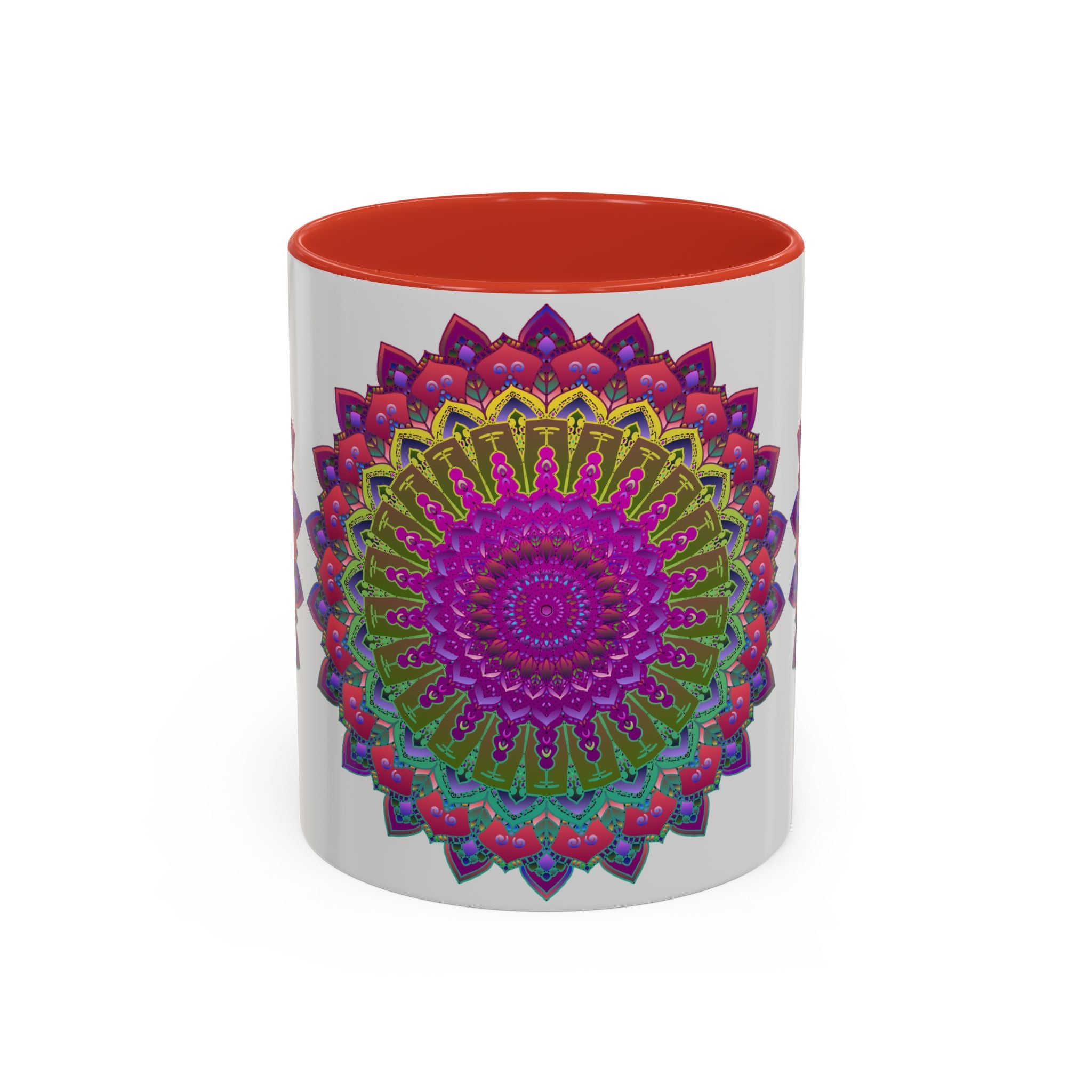 Handcrafted mug featuring a colorful and intricate mandala design