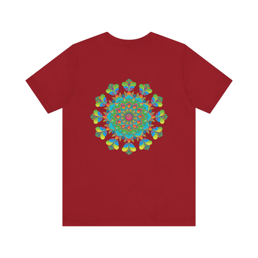 A vibrant and colorful t-shirt featuring a mesmerizing psychedelic mandala design, exuding spiritual and positive vibes