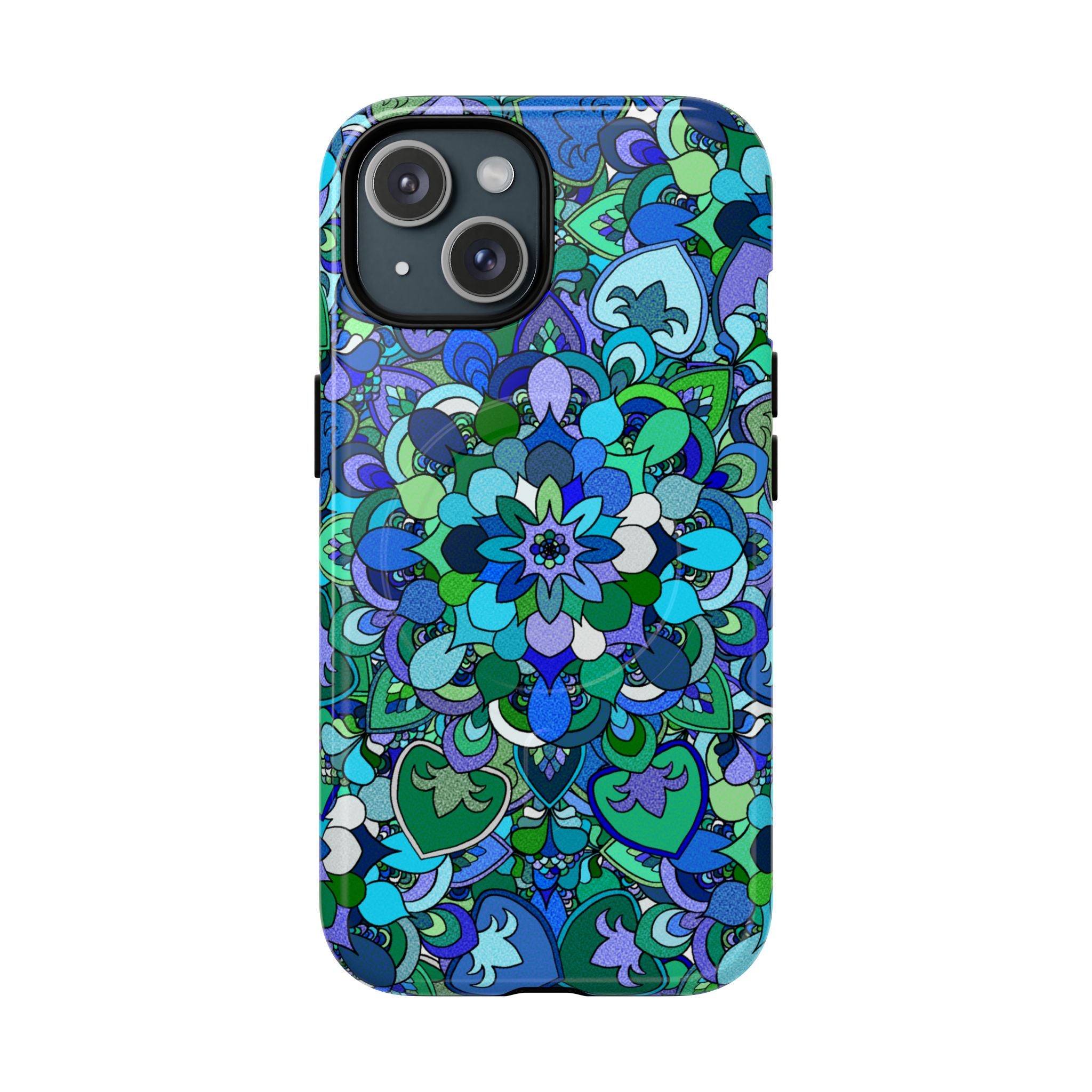 Cover Rigida Magnetica per Telefono con Mandala Floreale — Motivo Blu Verde
