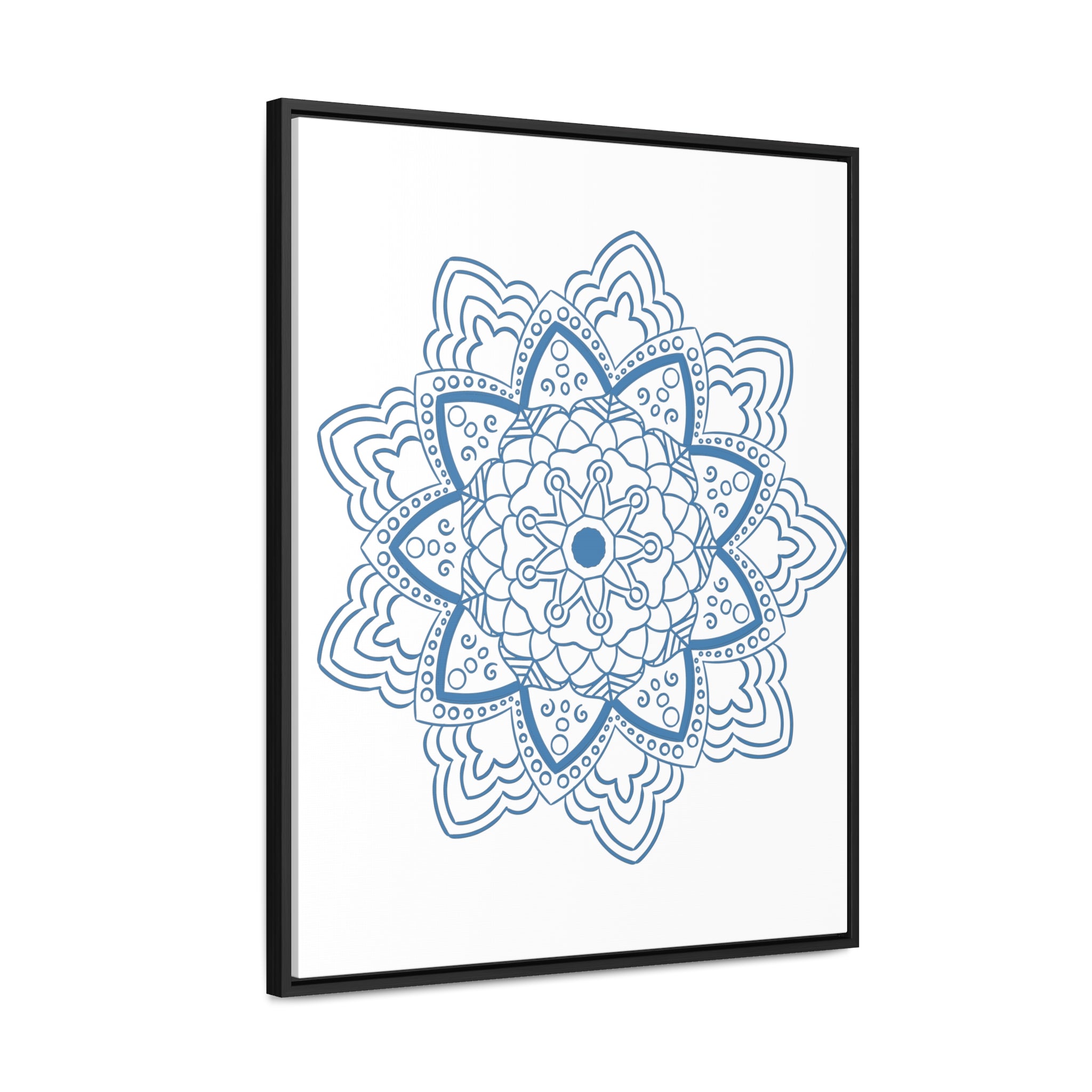 Handmade steel blue Mandala Design Wall Art on gallery canvas wraps, displayed in a vertical frame