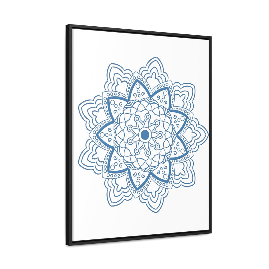 Handmade steel blue Mandala Design Wall Art on gallery canvas wraps, displayed in a vertical frame