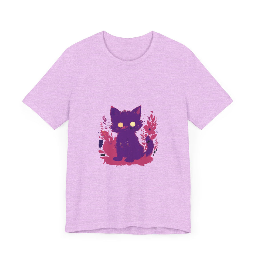 Vibrant purple t-shirt featuring a whimsical design of a mysterious cat